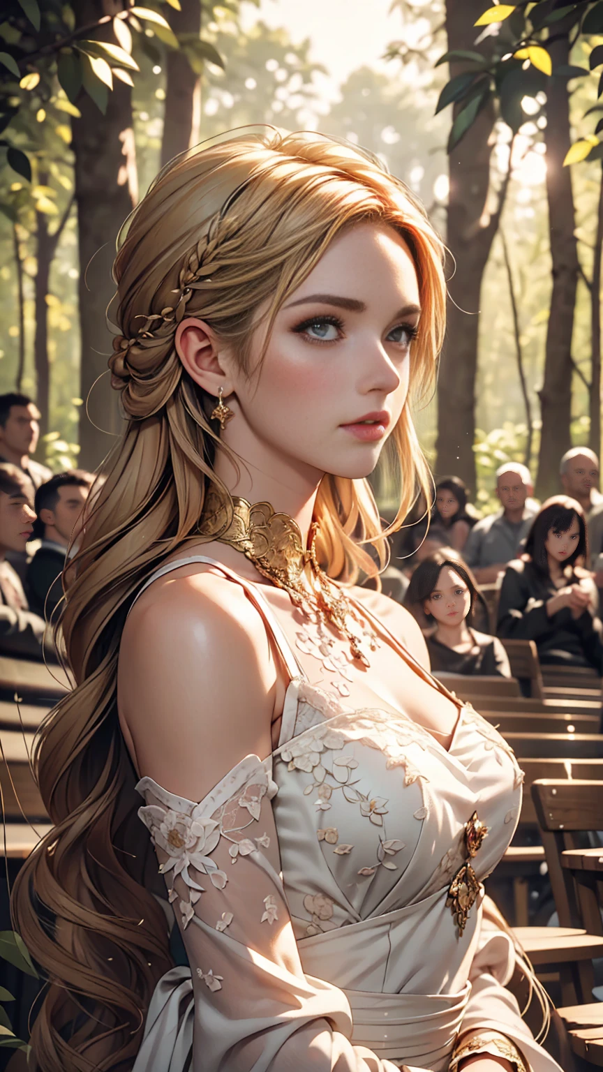 Beautiful girl with long white hair, Fair skin, and red eyes, In a forest with movie-like lighting, dark and little light. She is wearing a golden white dress, Her eyes were focused, Looking at the audience. Her skin is white, Her face was delicate and perfect., masterpiece, top quality works of art. This image is an incredibly detailed 8K CG wallpaper., Cinematic tones with artistic cinema lighting and neutral filters.