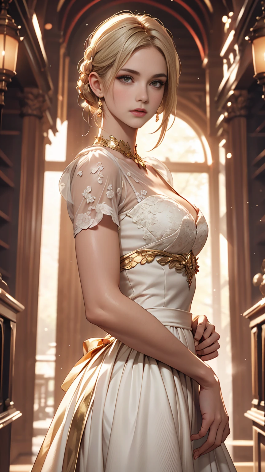 Beautiful girl with long white hair, Fair skin, and red eyes, In a forest with movie-like lighting, dark and little light. She is wearing a golden white dress, Her eyes were focused, Looking at the audience. Her skin is white, Her face was delicate and perfect., masterpiece, top quality works of art. This image is an incredibly detailed 8K CG wallpaper., Cinematic tones with artistic cinema lighting and neutral filters.