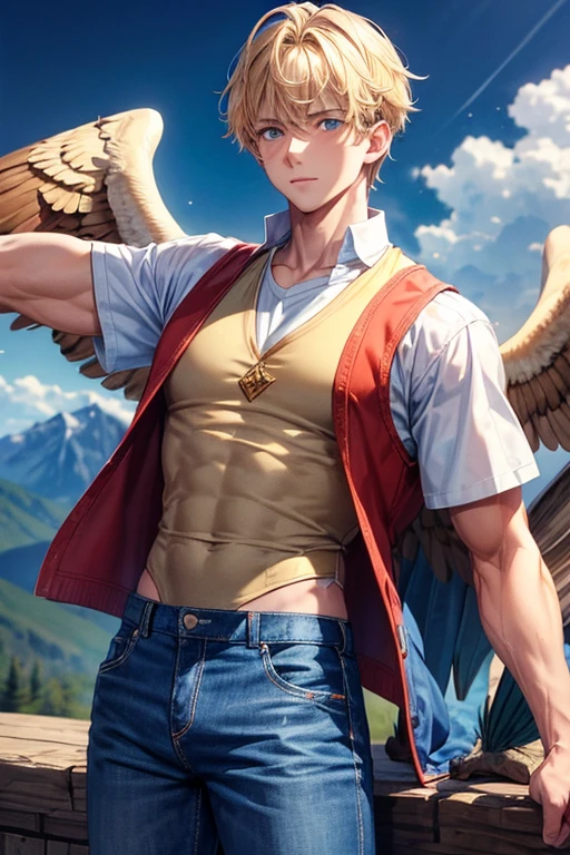 Boy with blonde hair, slim muscular complexion with large brown falcon wings on his back, blue eyes, white t-shirt, vest with blue print with stars, red pants, blue denim pants, large brown falcon wings on his back, mountain background
