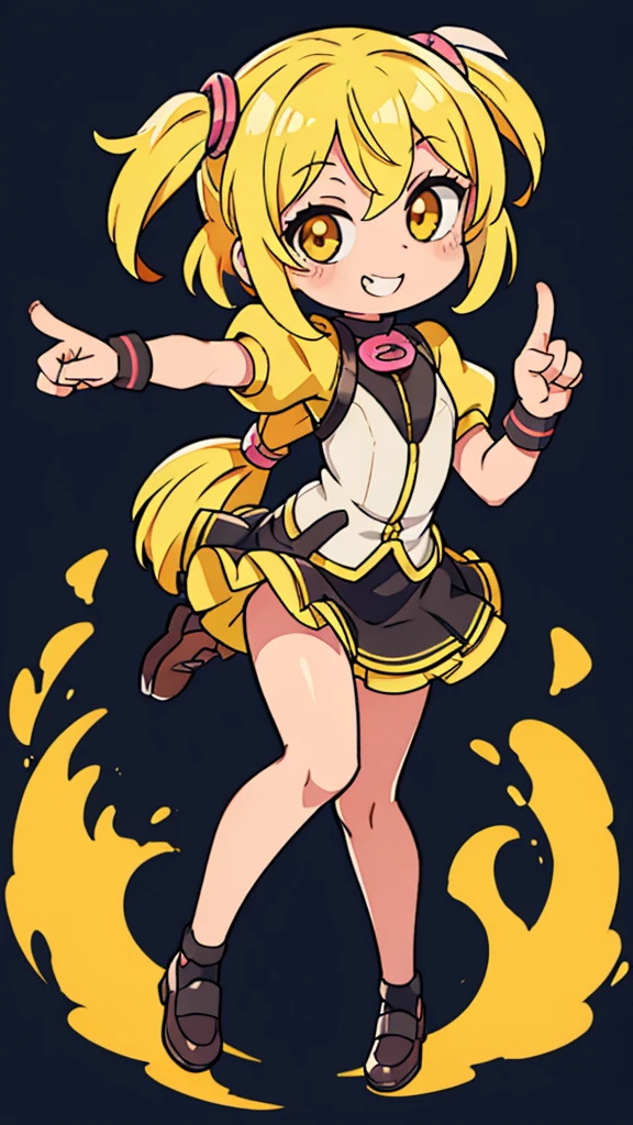 chibi, leather shoes, kawaii, smile, 1 girl, full body, transparent background, one hand pointing finger, yellow hair, low twintails