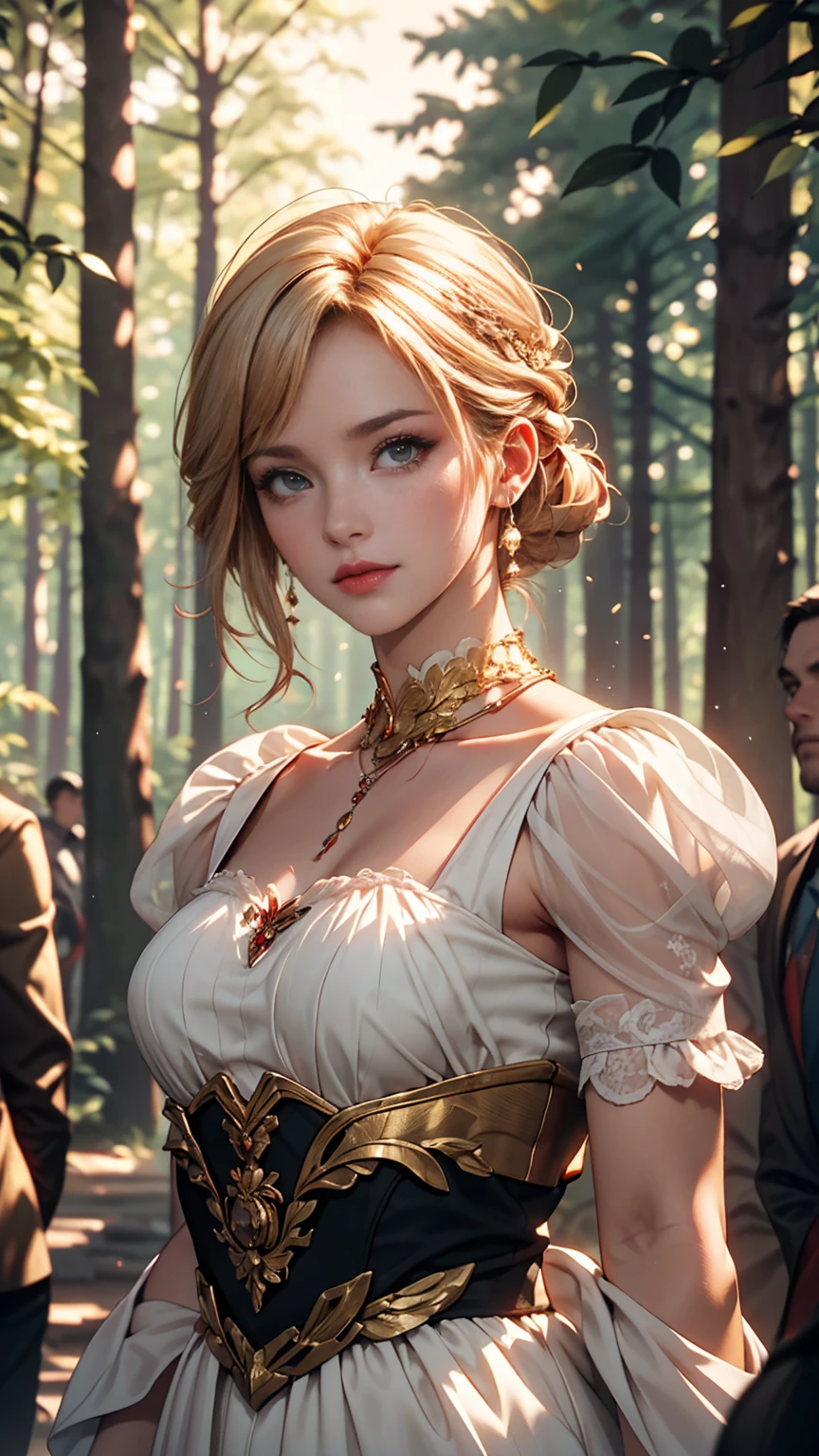 Beautiful girl with long white hair, Fair skin, and red eyes, In a forest with movie-like lighting, dark and little light. She is wearing a golden white dress, Her eyes were focused, Looking at the audience. Her skin is white, Her face was delicate and perfect., masterpiece, top quality works of art. This image is an incredibly detailed 8K CG wallpaper., Cinematic tones with artistic cinema lighting and neutral filters.