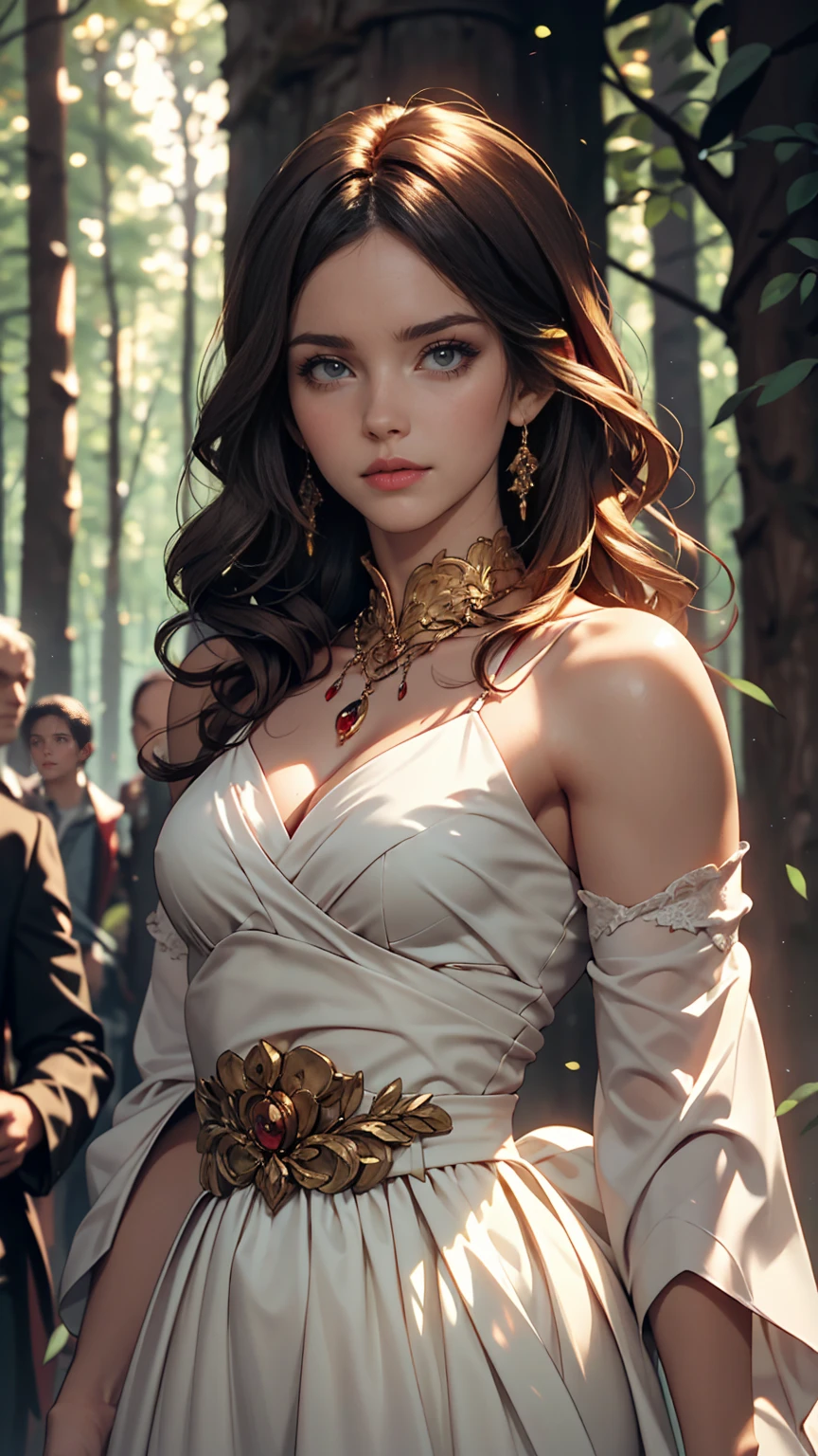 Beautiful girl with long white hair, Fair skin, and red eyes, In a forest with movie-like lighting, dark and little light. She is wearing a golden white dress, Her eyes were focused, Looking at the audience. Her skin is white, Her face was delicate and perfect., masterpiece, top quality works of art. This image is an incredibly detailed 8K CG wallpaper., Cinematic tones with artistic cinema lighting and neutral filters.