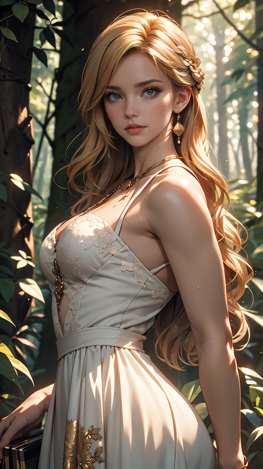 A young and beautiful woman, 20 years old, big breasts, background with forest, very detailed long and tight dress, wavy blonde hair, Gently drop to your shoulders in waves, sensual detailed position, Medium Tall, sensual green eyes, with fair skin, She was in Milan Italy, The environment is illuminated by warm and pleasant lights, Make your hair sparkle, His face was beautiful e naturally sensual, Lips with red lipstick, 8K texture, highly detailed, realistic lying, Soft cinematic light, hdr, sharp focus, masterpiece, Fotor is realistic, Award-winning photography, a Canon EOS R5, 35 mm
