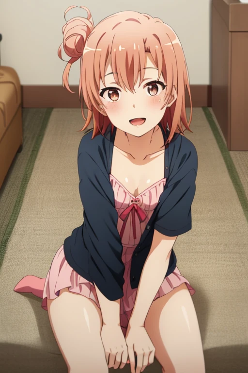 ((highest quality)), ((masterpiece)), (be familiar with), Perfect Face, indoor, Bedroom, Watching the audience,
One woman, Yuigahama Yui,
Open Mouth, Ecstatic expression, blush, smile,
Small breasts, Flat Chest, Young Girl, , , Girl,
Short Hair, Salmon-colored hair, Salmon-colored eyes, Side Pony,
Leg spread,