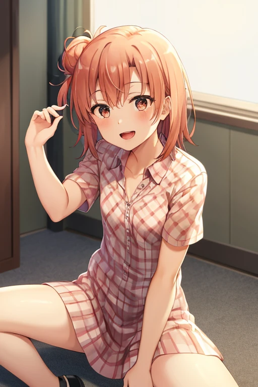 ((highest quality)), ((masterpiece)), (be familiar with), Perfect Face, indoor, Bedroom, Watching the audience,
One woman, Yuigahama Yui,
Open Mouth, Ecstatic expression, blush, smile,
Small breasts, Flat Chest, Young Girl, , , Girl,
Short Hair, Salmon-colored hair, Salmon-colored eyes, Side Pony,
Leg spread,