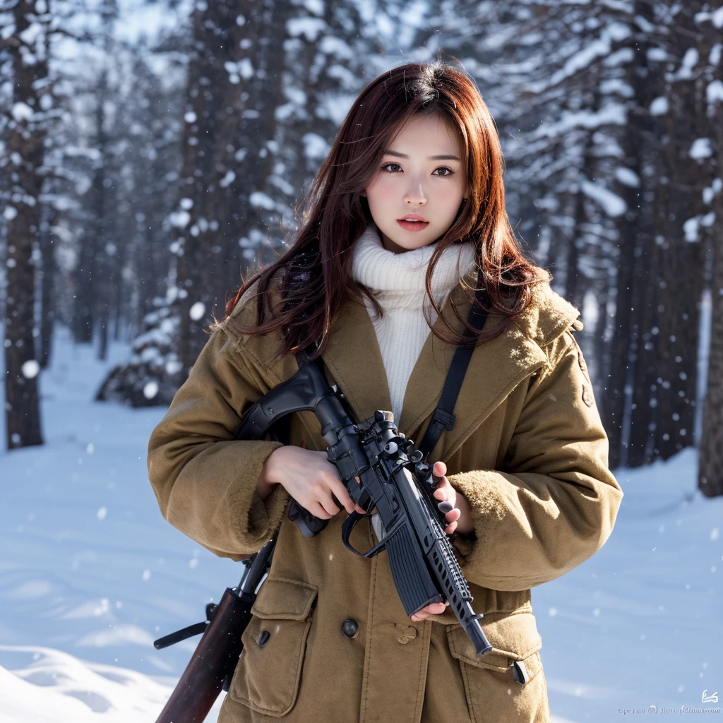 Hunting girl with rifle in combat pose in the snow,Oriental,Blade and Soul,Ink Style,Long Red Hair,leather and fur coat,cold,artwork,3D,4K,detailed,Realistic