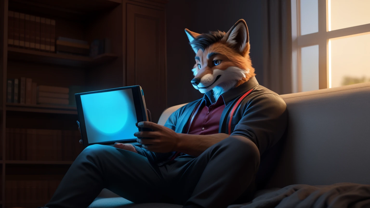 An adult man in his 30s wearing an anthropomorphic fox fur suit., con lentes puestos, alone in the back of a room sitting on a couch, sosteniendo un control nintendo switch y mirando un televisor, Super emocionado y feliz, riendose con carcajadas, con una playera negra. Con un pants negro, cuarto iluminado
