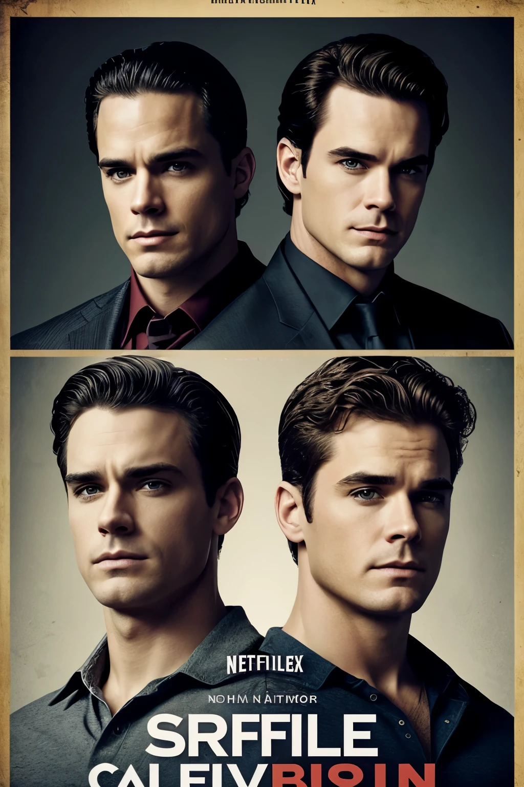 Netflix poster style: clean shaved face of two sad diferent between caucasian strong young men, one Matt Bomer style and other Alan Richtson style