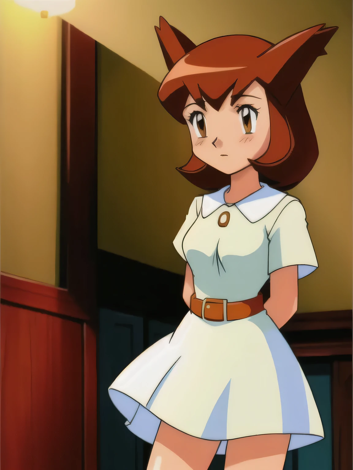 Pokemon Heroes (Bianca), Brown Hair, brown eyes, Fancy white dress, standing, bedroom,
hd, soft focus, 1girl, solo, vibrant, cowboy shot, masterpiece