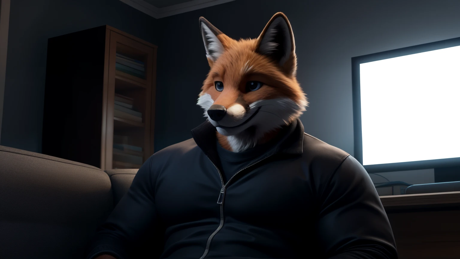 An adult man in his 30s wearing an anthropomorphic fox fur suit., con lentes puestos, alone in the back of a room sitting on a couch, sosteniendo un control nintendo gamecube y mirando un televisor, Super emocionado y feliz, riendose con carcajadas, con una playera negra. Con un pants negro, cuarto iluminado