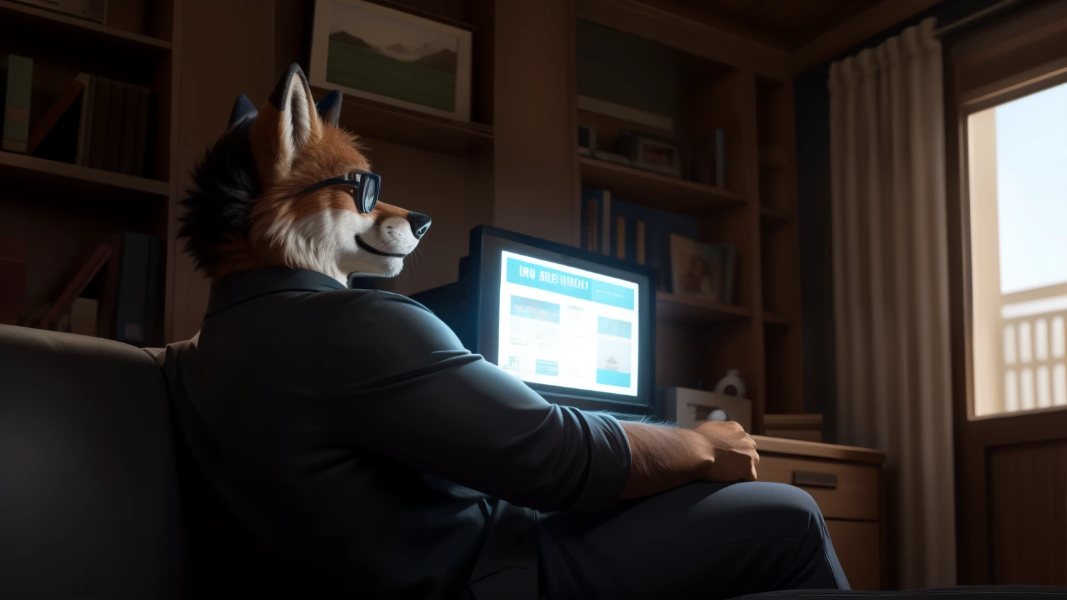 An adult man in his 30s wearing an anthropomorphic fox fur suit., con lentes puestos, alone in the back of a room sitting on a couch, sosteniendo un control nintendo gamecube y mirando un televisor, Super emocionado y feliz, riendose con carcajadas, con una playera negra. Con un pants negro, cuarto iluminado