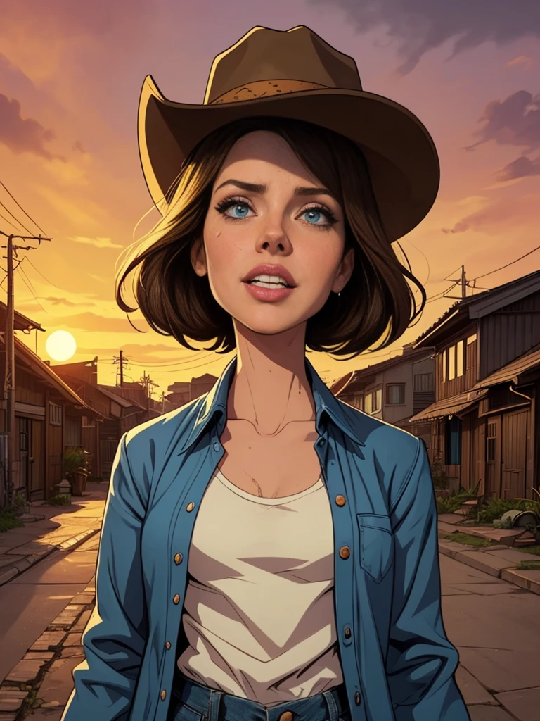 Kate Beckinsale style Cartoon style digital illustration close-up, obra de arte, melhor qualidade, (roupa de vaqueiro, jaqueta por cima da camisa, dirty pants, cowboy hat) Create dystopian obra de artes. Tema ocidental, atmosfera empoeirada, wooden buildings, a setting sun casting long shadows, trajes envelhecidos e desgastados, expectativa no ar, impasse intenso, rua vazia, cidade deserta, Mulher bonita, magrelo, seios pequenos, cabelo castanho liso, rosto detalhado, sorriso, photo taken from a distance, 20 anos, tears of old style Cartoon style digital illustration