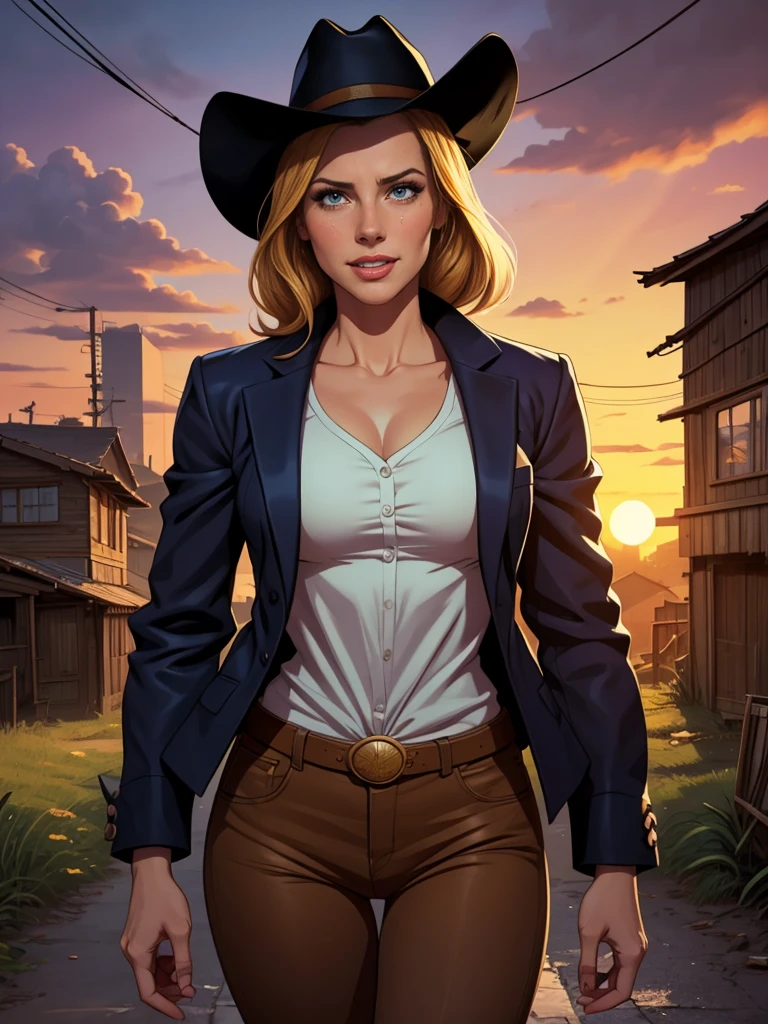  Kate Beckinsale style Cartoon style digital illustration close-up, obra de arte, melhor qualidade, (roupa de vaqueiro, jaqueta por cima da camisa, dirty pants, cowboy hat) Create dystopian obra de artes. Tema ocidental, atmosfera empoeirada, wooden buildings, a setting sun casting long shadows, trajes envelhecidos e desgastados, expectativa no ar, impasse intenso, rua vazia, cidade deserta, Mulher bonita, magrelo, seios pequenos, cabelo castanho liso, rosto detalhado, sorriso, photo taken from a distance, 20 anos, tears of old style Cartoon style digital illustration 