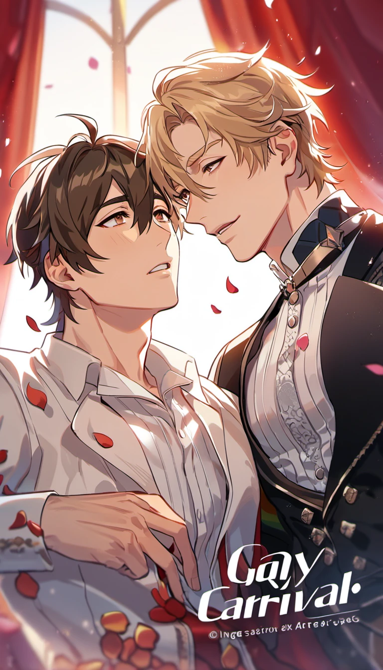 absurdres, highres, ultra detailed, HDR, master piece, best quality, perfect face, Quincy, blonde messy hair, expressive amber eyes, Nu Carnival, Eiden, brown hair, expressive brown eyes, two sexy men together, gay couple, yaoi, handsome, toned chest, horny, sensual, erotic, black coat, black boxers, bed, lying on the bed, pillow, flowers, petals, room