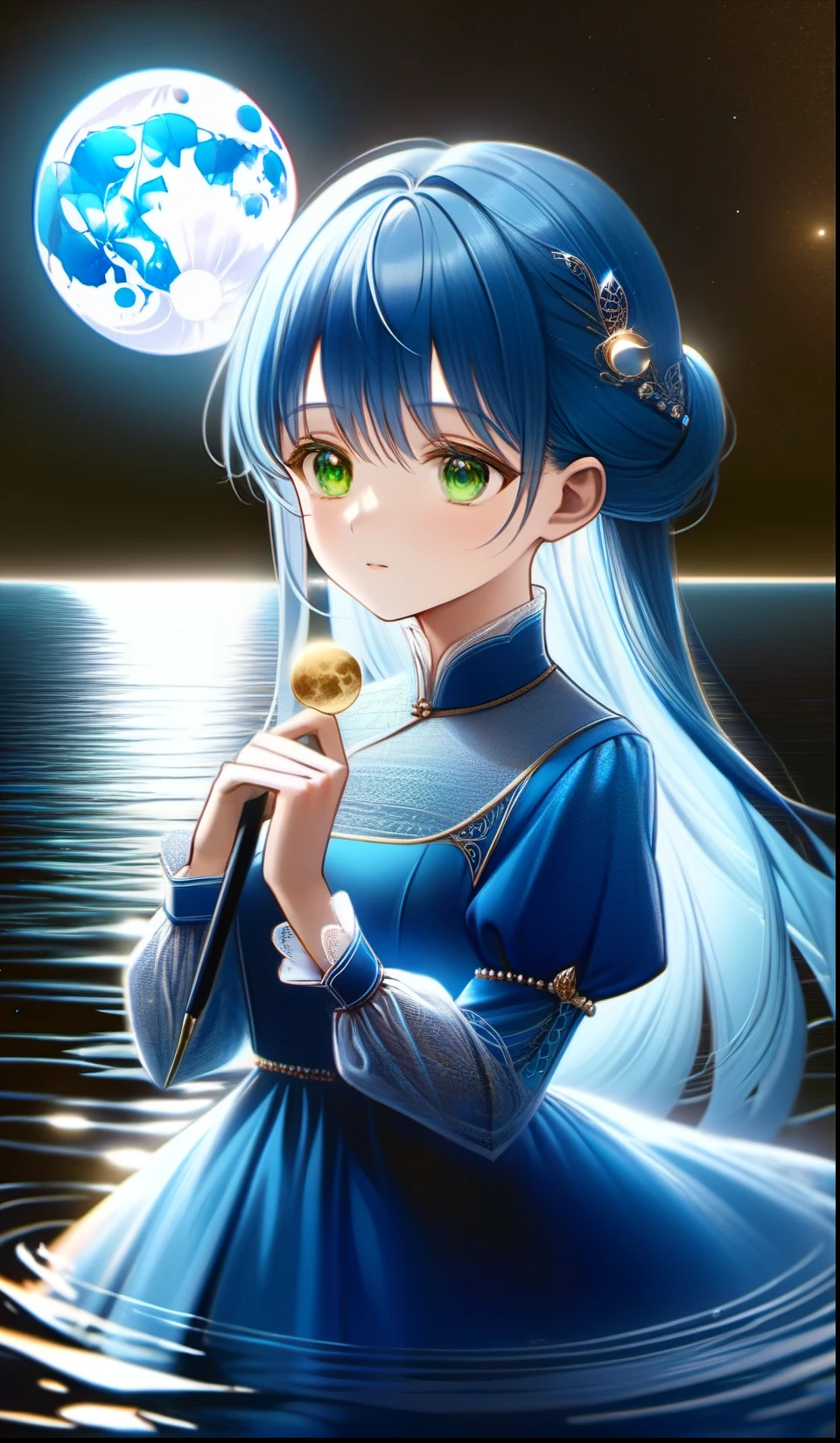 one princess standing on water, at night, the young siter taste, pale blue moon, cute face, blue semi long hair, emerald green eyes, blue graceful dress, illusory scene, calm, impressive, ((portrait)) ((masterpiece, best quality, ultra-detailed, an extremely delicate and beautiful)), ((photorealism, hyperrealism)), ((extremely detailed CG unity 8k wallpaper)), ((award winning, ccurate, UHD, textured skin, chromatic aberration, perfect anatomy, golden ratio)), (exquisite attention to detail), ((perfect_composition, perfect_design, perfect_layout, perfect_detail, ultra_detailed)), ((aesthetic harmony)), ((aesthetic style))