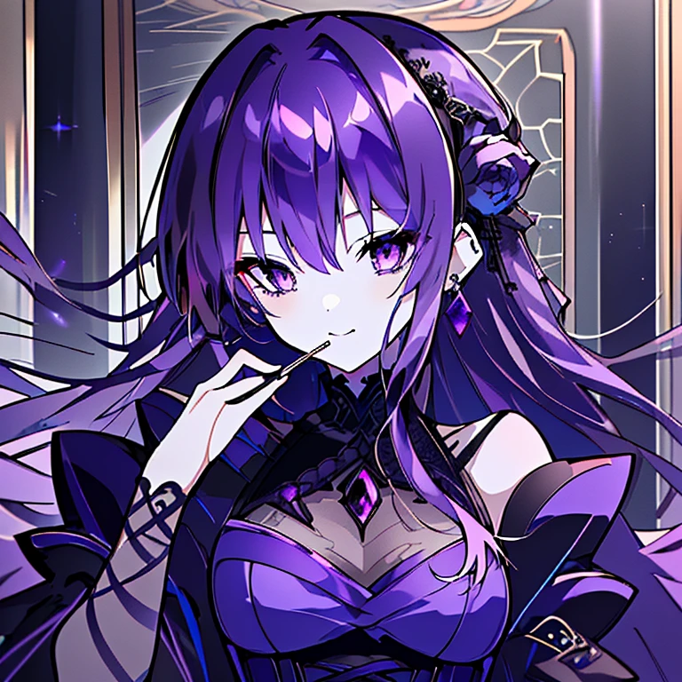 (High resolution,highest quality,Super detailed,wonderful,Attention to detail)Purple Eyes,Purple Hair,Long Hair,Straight hair,Cinema Lighting,Sharp Eyes,thought,Earrings,gothic dress,Blue rose,nail,Look to the side,Brush your hair back,A relaxed smile,cute,gorgeous,gem