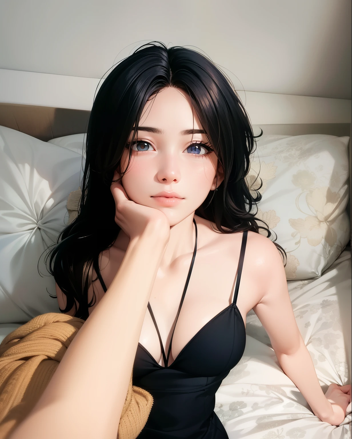((master part, best quality, Altas, UHD, pixel perfeito, profundidade de campo, 4k, RTX, HDR)), 1girl, only one, sozinho, 24 anos, anime bonita, estilo de arte bonito, personagem de anime, ((cabelos longos, brown hair, cabelos ondulados)), (olhos pretos, olhos arredondados, beautiful eyelashes, olhos realistas), (Rosto detalhado, Corar:1.2), (textura suave:0.75, Realistic texture:0.65, fotorrealista:1.2, cinemactic, estilo anime CG), medium breasts, Corpo Perfeito