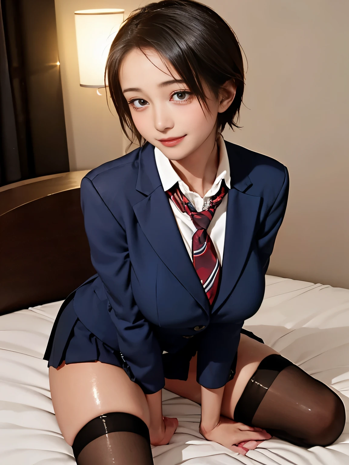 (masterpiece:1.2, highest quality), (Realistic, photoRealistic:1.4), Beautiful illustrations, (Natural Side Lighting, Cinema Lighting),
View your viewers, Cowboy Shot, Front view, close:1.5, 1 girl, high school girl, Perfect Face, Cute and symmetrical face, Shiny skin, White skin、Seductive pose,
(short hair:1.2, Bobcut:1.2, Black Hair), Hairline, Asymmetrical bangs, blue eyes, 長いeyelash, (Large Breasts:0.9, Thin thighs), ((Oilskin,Glowing Skin、Realistic skin texture、Beautiful skin in every detail、Shiny skin、Slimy skin、Shiny skin、Shiny skin)), White skin, Real human skin, (Familiar), Oval Face, pore, Ultra-high resolution, (8k, RAW Photos, Realistic: 1.4), One Girl, slim, (kind, Goddess-like eyes) happiness: 1.2), (Lip gloss, eyelash, Terrible face, highest quality, Ultra-high resolution, Wide Lighting, Natural Shading)、Sexy Girl、Absolute area、long beautiful thin legs、If the length is(Sexy smile expression:0.8, )
Beautiful Hair, Beautiful Face, Beautiful fine details, Beautiful clavicle, Beautiful body, Beautiful breasts, Beautiful thighs, Beautiful feet, Beautiful fingers,
((Navy Blazer, Light blue collared shirt, Navy Pleated Mini Skirt, Black sheer stockings, Red ribbon tie)), Pink Panties,
(Beautiful views), evening, Bedroom, Lie in, Hands on the bed, (I'm in tears, Upward glance), (((Big Breasts))),