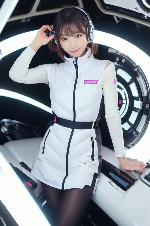 ((NSFW: 1.4)), (acrobatic pose):10,((Detailed face, Professional photography)), ((NSFW, zettai ryouiki, 1 girl)), Ultra-high resolution, (Realistic: 1.4), RAW Photos, highest quality, (PhotoRealistic Stick), concentrated, Soft Light, ((30 years old)), ((Japanese)), (( (Young Face))), (surface), (Depth of written boundary), masterpiece, (Realistic),(inside ISS):3, woman, ,astrovest:2,headphone:2,smartwatch,,bangs, ((1 girl)),(black sleeves):2,(black tights):2,inside spacestation,inside spacecraft,,zero gravity,smile,open leg,blush:1.5,hidden hands,neotech
