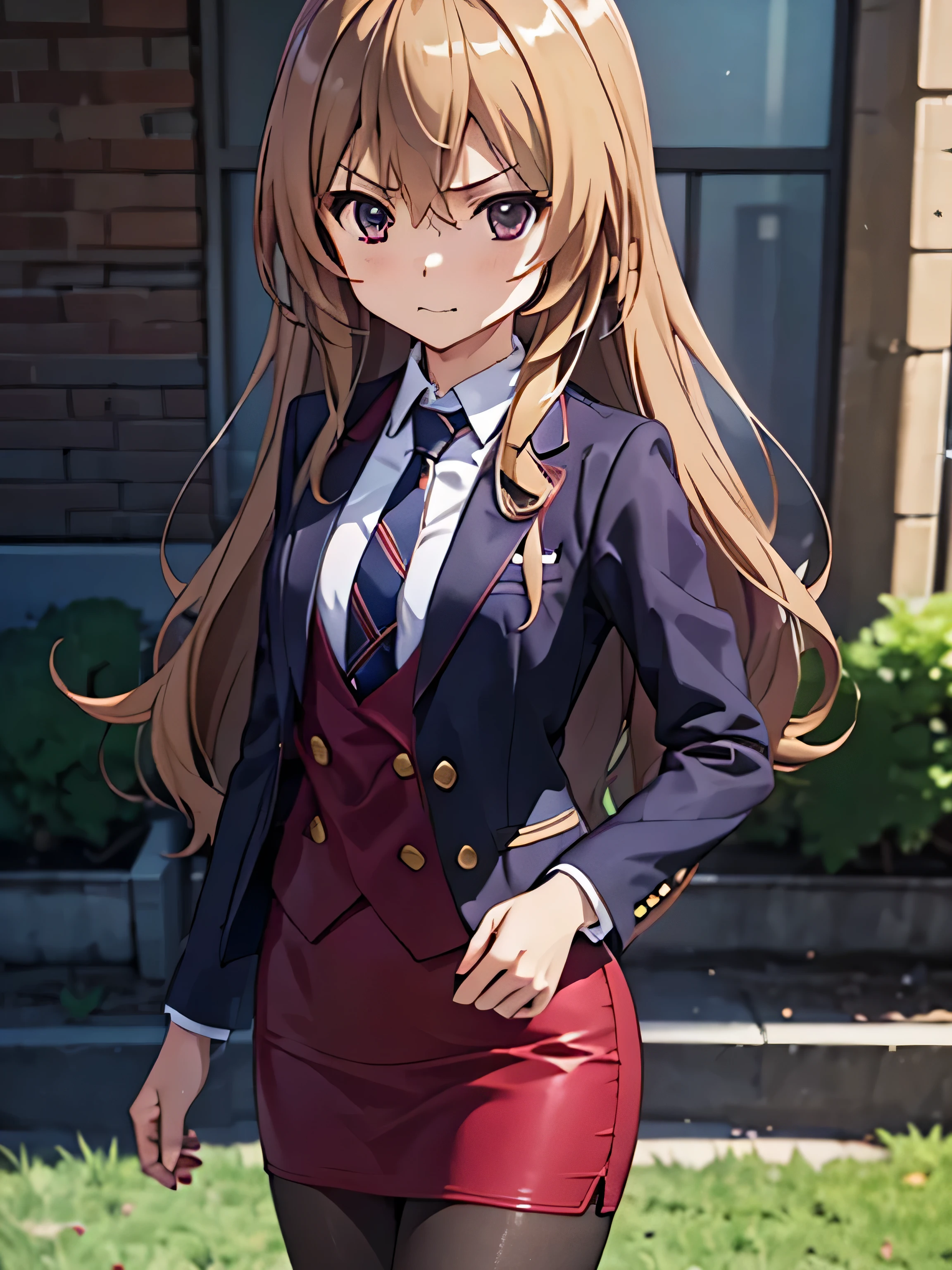 (highest quality, masterpiece:1.2),、(Anime illustration style:1.3),Taiga Aisaka,garden、grassland、stand on the grass、 ((pinstripe skirt suit)), suit and tie, (((three-piece suit))), silk dress shirt, (((shirt and tie))), (((shirt collar))), (((necktie))), ((blazer)), ((open blazer)), ((suit jacket)), (((waistcoat with lapel))), (dress shirt with white collar), ((bodycon miniskirt)), (((pencil skirt))), pantyhose, tights, stockings, tie clip, pocket square, tailored suit, (((cufflinks))), fedora, gangster、Cowboy Shot、sassy, arrogant, smug, angry