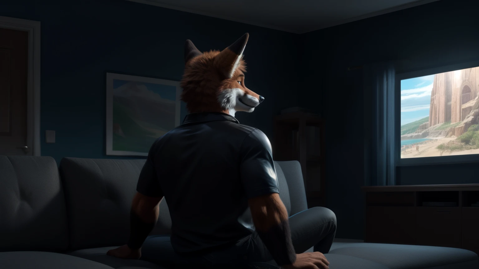 An adult man in his 30s wearing an anthropomorphic fox fur suit., con lentes puestos, alone in the back of a room sitting on a couch, sosteniendo un control nintendo gamecube y mirando un televisor, Super emocionado y feliz, riendose con carcajadas, con una playera negra. Con un pants negro, cuarto iluminado