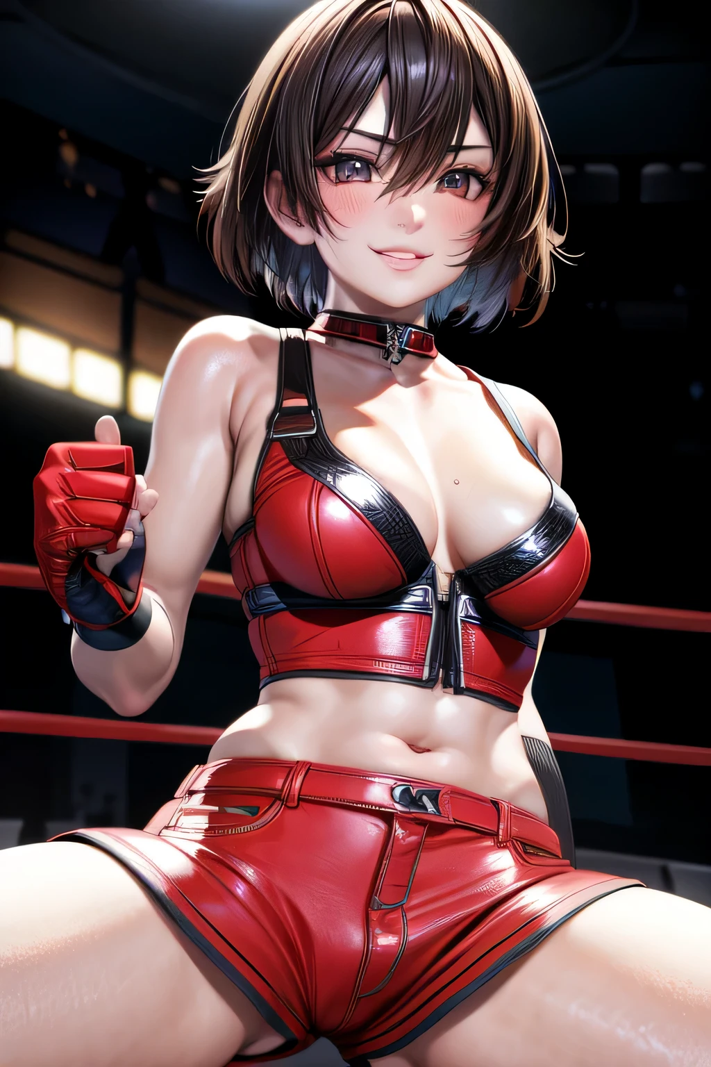 1girl,18yo,perfect hands, perfect finger,perfect anatomy,masterpiece, best quality,realistic, hyperrealistic, 16k hdr,,HINOMOTO_REIKO,large BREASTS,SHORT HAIR,BLACK HAIR,NAVEL, CLEAVAGE, BROWN EYES,BOOTS,CHOKER,MIDRIFF, FINGERLESS GLOVES,RED SHORT SHORTS,(boxing ring,spot light),(sexy pose for photo,spread legs:1.2),smile,red blush,from below