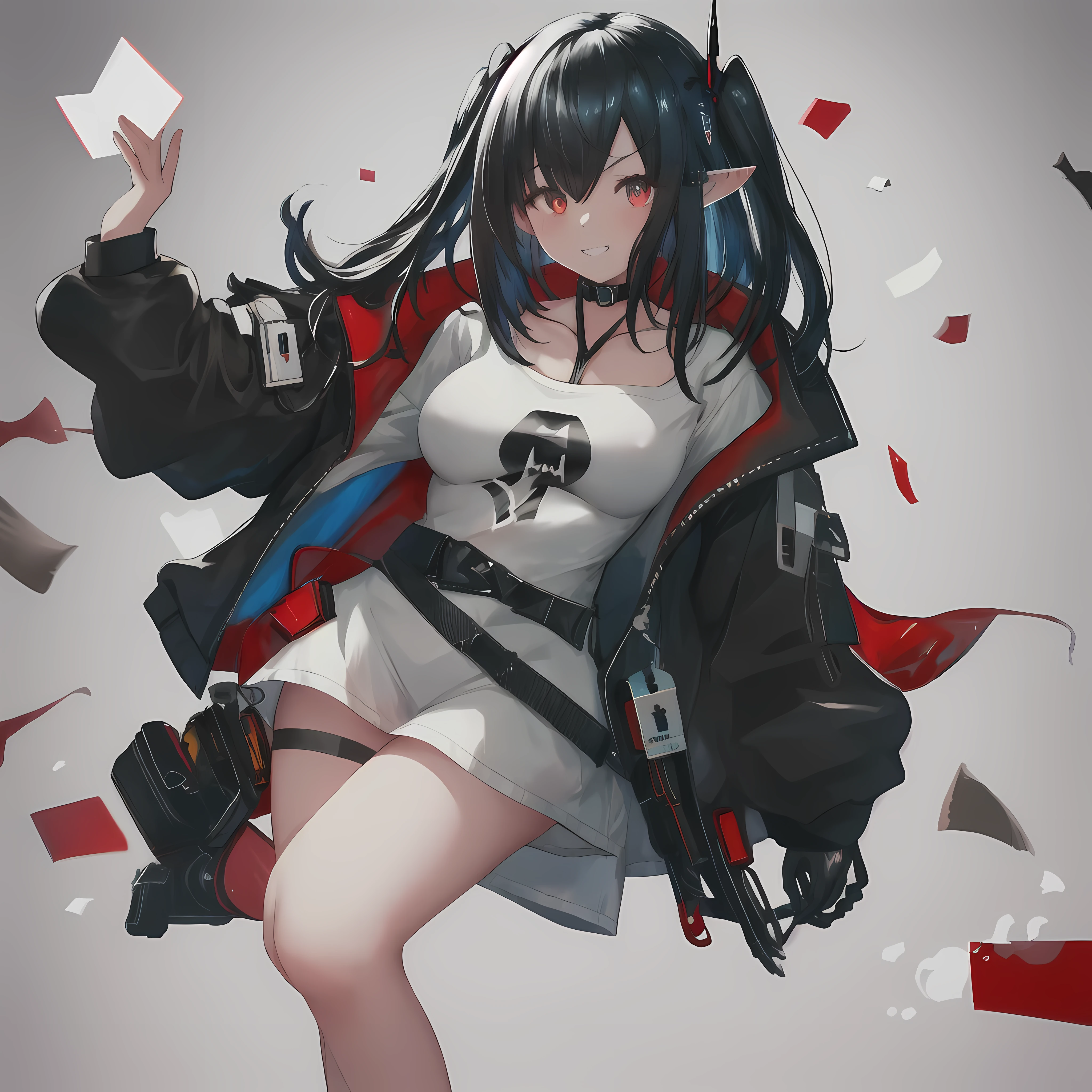  highres, solo, {closure_arknights:1.15}, black_hair, pointy_ears, long_hair, red_eyes, bangs, hair_between_eyes, smile, upper_body, breasts, blush, two_side_up, 1girl, black_choker, black_jacket, choker, jacket, looking_at_viewer, open_clothes, open_jacket, shirt, white_shirt, simple_background, dim_background, long_sleeves, collarbone, hand_up, grin,((masterpiece)),(best quality), (ultra-detailed), white Pupils,official art,extremely detailed CG,unity 8k wallpaper,ultra detailed,solo, portrait, 4k upscale,cute, really attractive, full body portrait, cute legs, juicy thighs, voluptuous