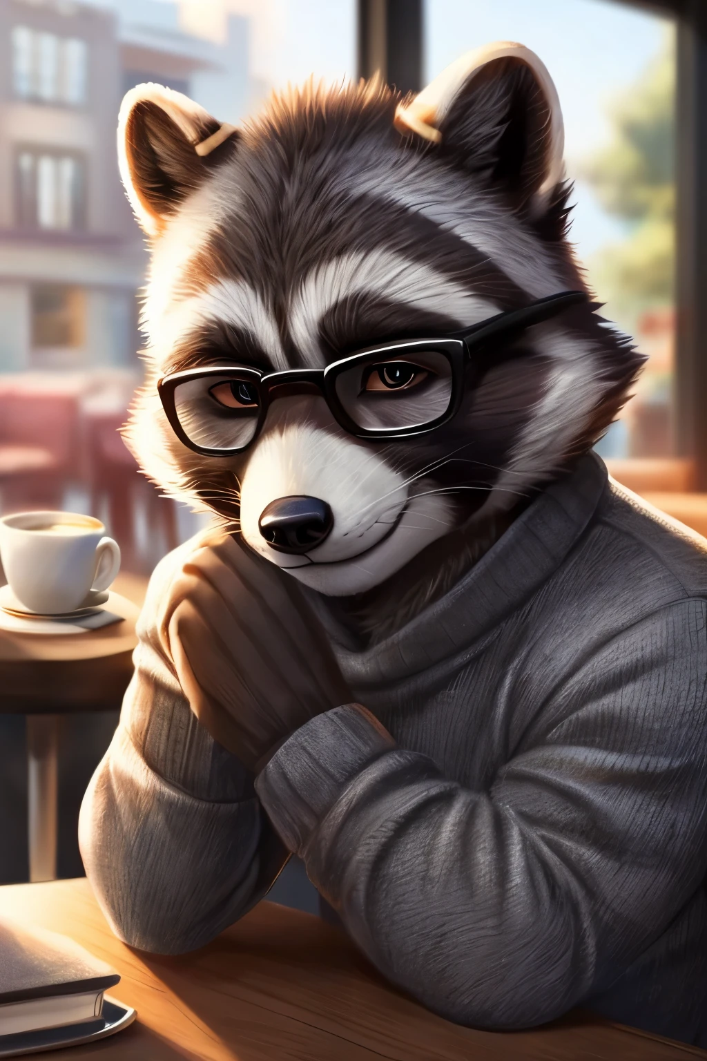 20 year old man, ((antropomorfic racoon)), ((racoon with realistic fur)), gray sweater, alto, con lentes, en un cafe