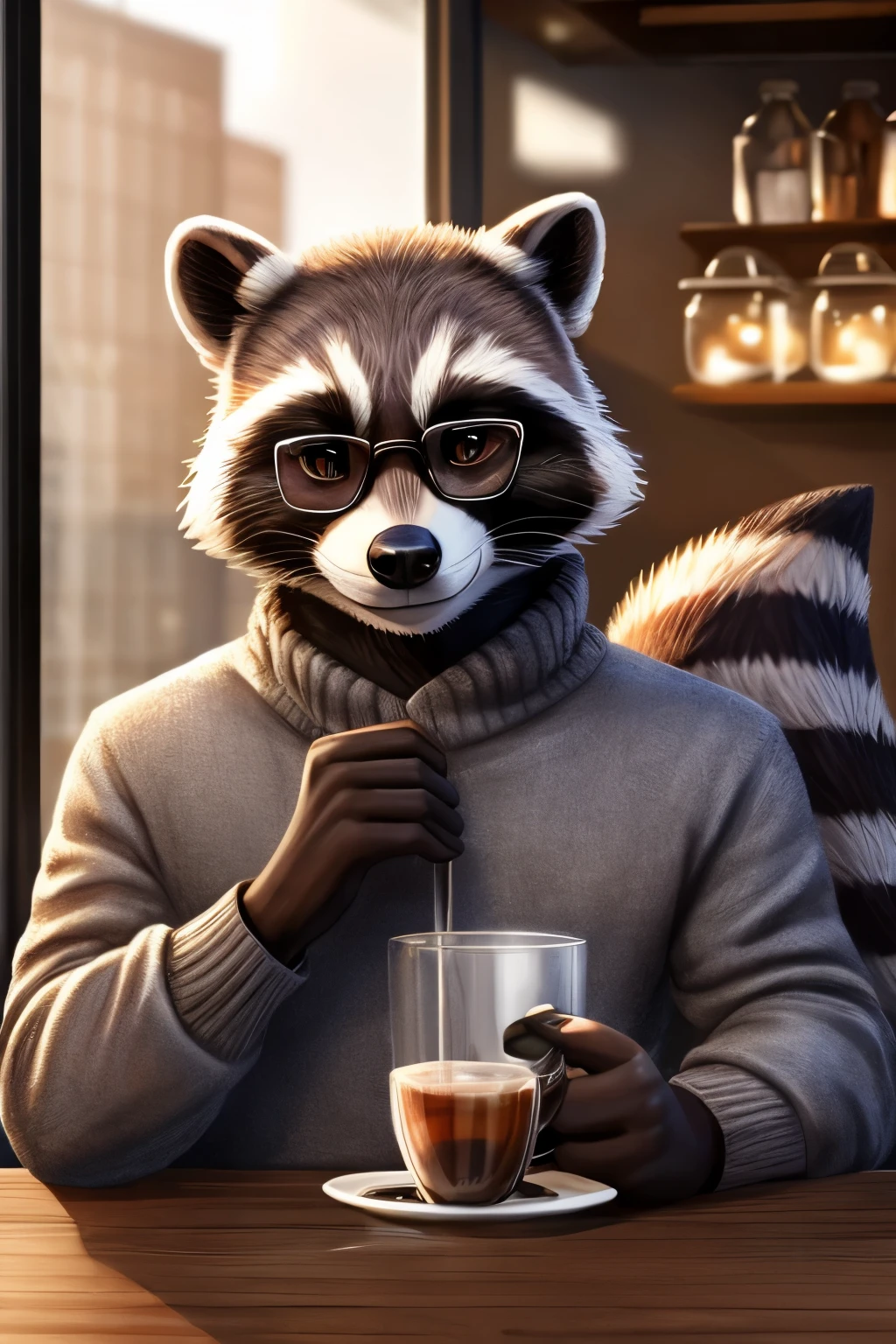 20 year old man, ((antropomorfic racoon)), ((racoon with realistic fur)), gray sweater, alto, con lentes, en un cafe