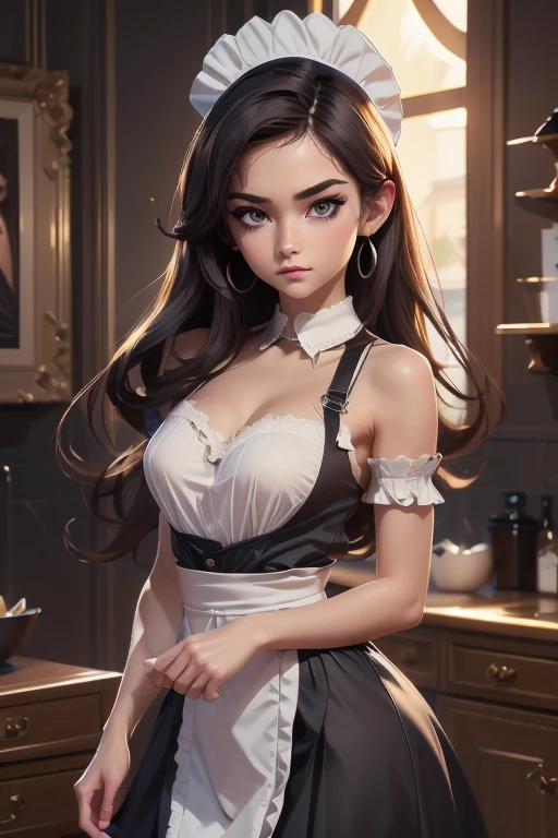 femme, adulte, Seulement, maigre, longs cheveux noirs, les yeux jaunes, haut noir de femme de chambre, jupe de femme de chambre noire, pose sexy, (chef-d'artwork), (high quality), (best quality), (detailed), HD, Perfect lighting, detailed face, detailed body, ONLY LINGERIE