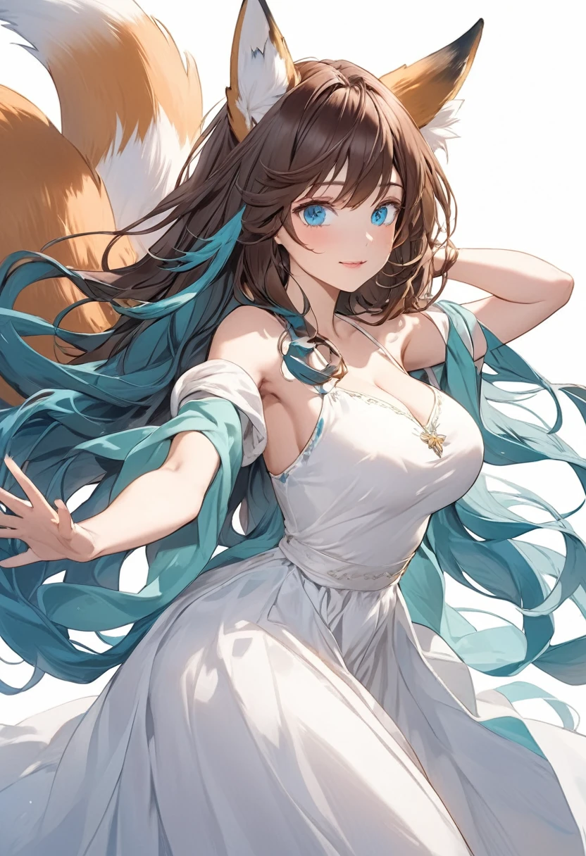 (anime Girl) (brown hair with turquoise blue hair tips) (long loose hair) (turquoise blue eyes) (fox ears Brown) (big breasts) princess