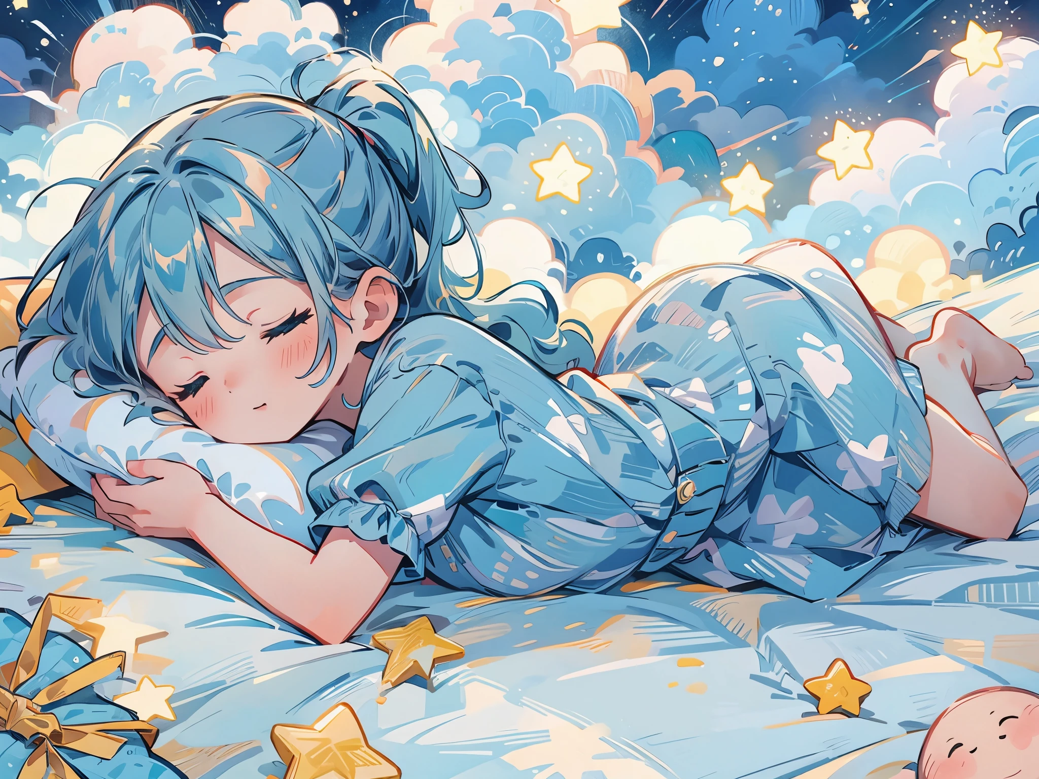 A girl, teal hair, ponytail on both sides, Cyan eyes, Character Hatsune Miku, permanent, Sleeping in cloud, Sleeping on Pillow, Happy, Lovely, Closed eyes, Break, Towards you, POV, when she sleeps next to you, Pillow, cloud, Star, cloud-Bed and night-sky background, anime, illustration, high quality CG, Fair,