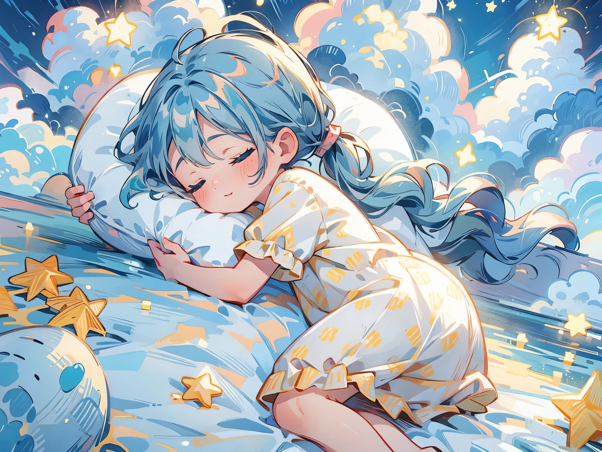 A girl, teal hair, ponytail on both sides, Cyan eyes, Character Hatsune Miku, permanent, Sleeping in cloud, Sleeping on Pillow, Happy, Lovely, Closed eyes, Break, Towards you, POV, when she sleeps next to you, Pillow, cloud, Star, cloud-Bed and night-sky background, anime, illustration, high quality CG, Fair,