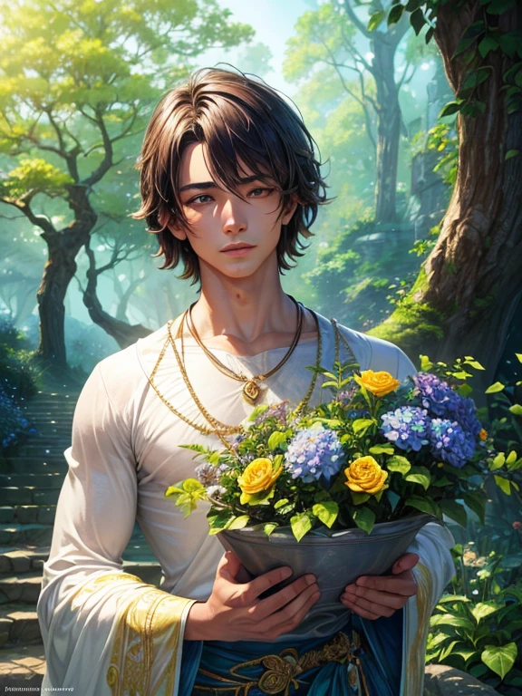 (best quality,4k,highres),ultra-detailed, (realistic:1.37) pencil-sized male, tiny person, small person, (masculine:1.1) figure, colorful scenery, vibrant colors, (detailed face:1.1), expressive eyes, finely crafted lips, (dynamic:1.1) pose, (athletic:1.1) physique, (attractive:1.1) appearance, (charismatic:1.1) aura, (playful:1.1) smile, (peaceful:1.1) atmosphere, (sunlit:1.1) setting, gentle breeze, (tranquil:1.1) environment, (serene:1.1) landscape, (harmonious:1.1) surroundings, (captivating:1.1) perspective, (impressive:1.1) details, (colorful:1.1) flowers, (beautifully:1.1) crafted plants, (delicate:1.1) leaves, (majestic:1.1) trees, (scenic:1.1) path, (brilliant:1.1) sunlight, (subtle:1.1) shadows, (dreamlike:1.1) ambiance, artistic illustration, (dreamy:1.1) color palette, (magical:1.1) lighting, (ethereal:1.1) atmosphere, man, small person next to a large tree, very large tree, big background little person