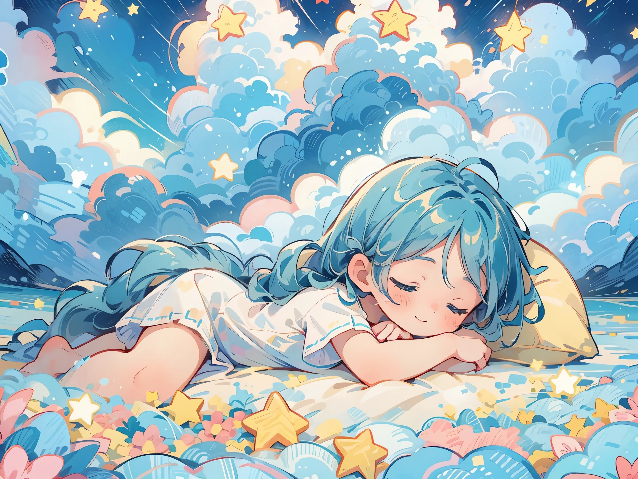 A girl, teal hair, ponytail on both sides, Cyan eyes, Character Hatsune Miku, Everlasting, Sleeping in cloud, Sleeping on Pillow, Happy, Lovely, Closed eyes, Towards you, POV, when she sleeps next to you, Pillow, cloud, Star, cloud-Bed and night-sky background, cartoon, high quality CG, Fair