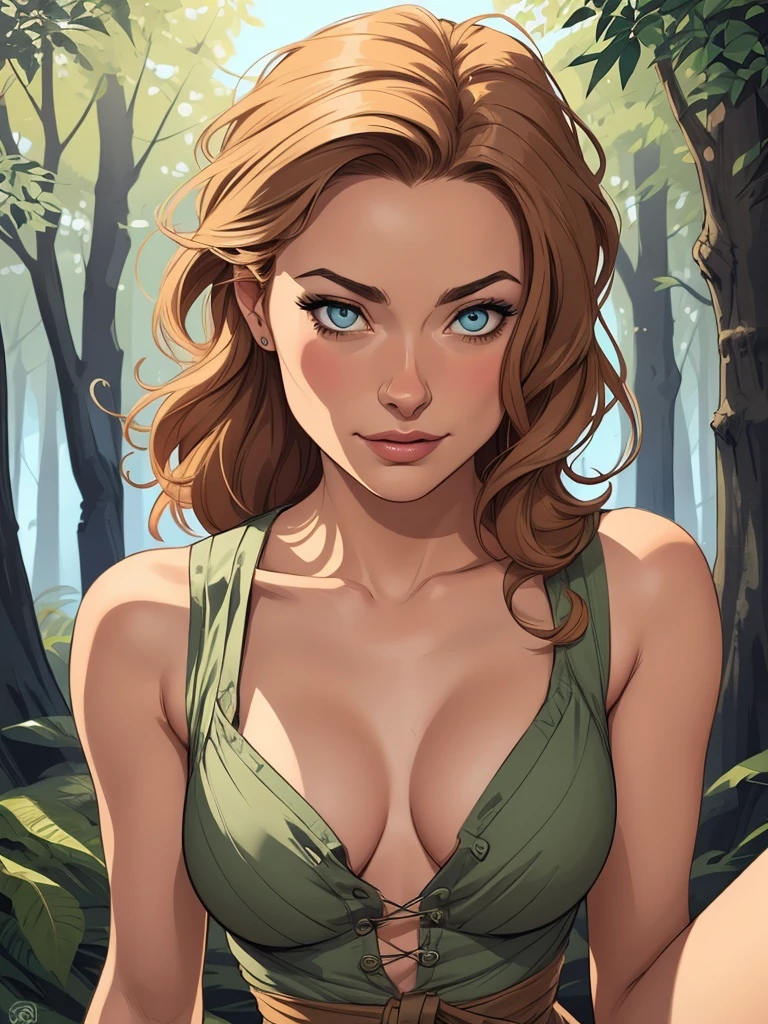 woman, (mature:1.5), big breast, pink_tank_top, no pants, tight thong, cameltoe, brown braided hair, cleavage, looking to side, freckles, blush, forest landscape, curtain bangs