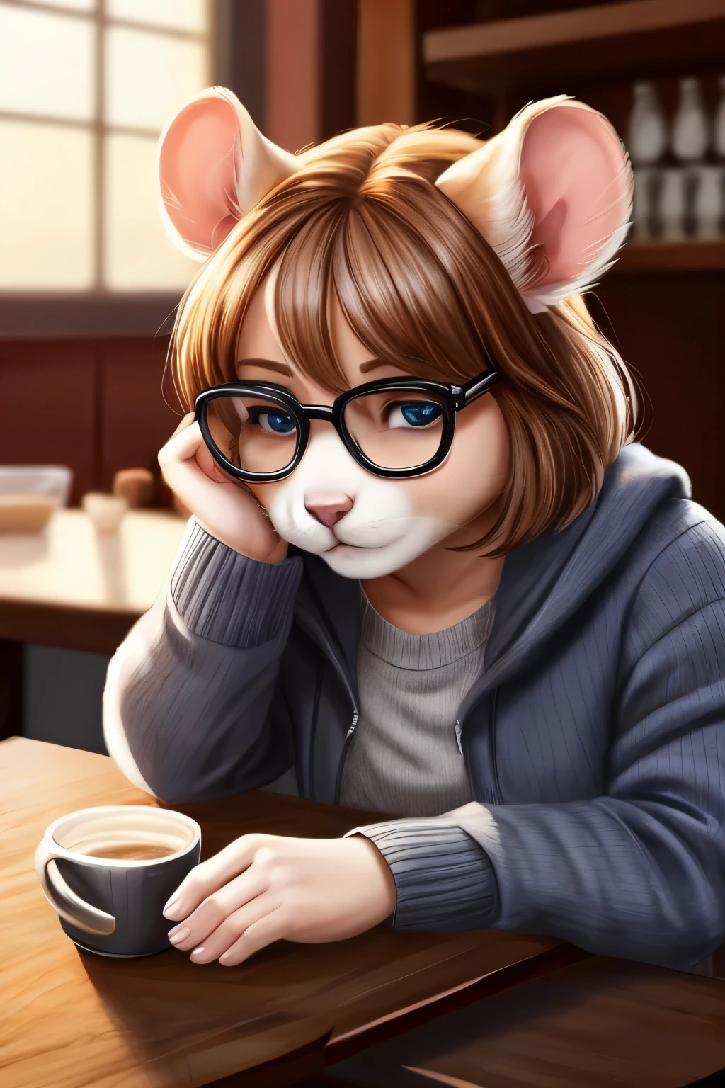 18 year old woman, ((antropomorfic hamster)), ((hamster with realistic fur)), gray sweater, con lentes, en un cafe
