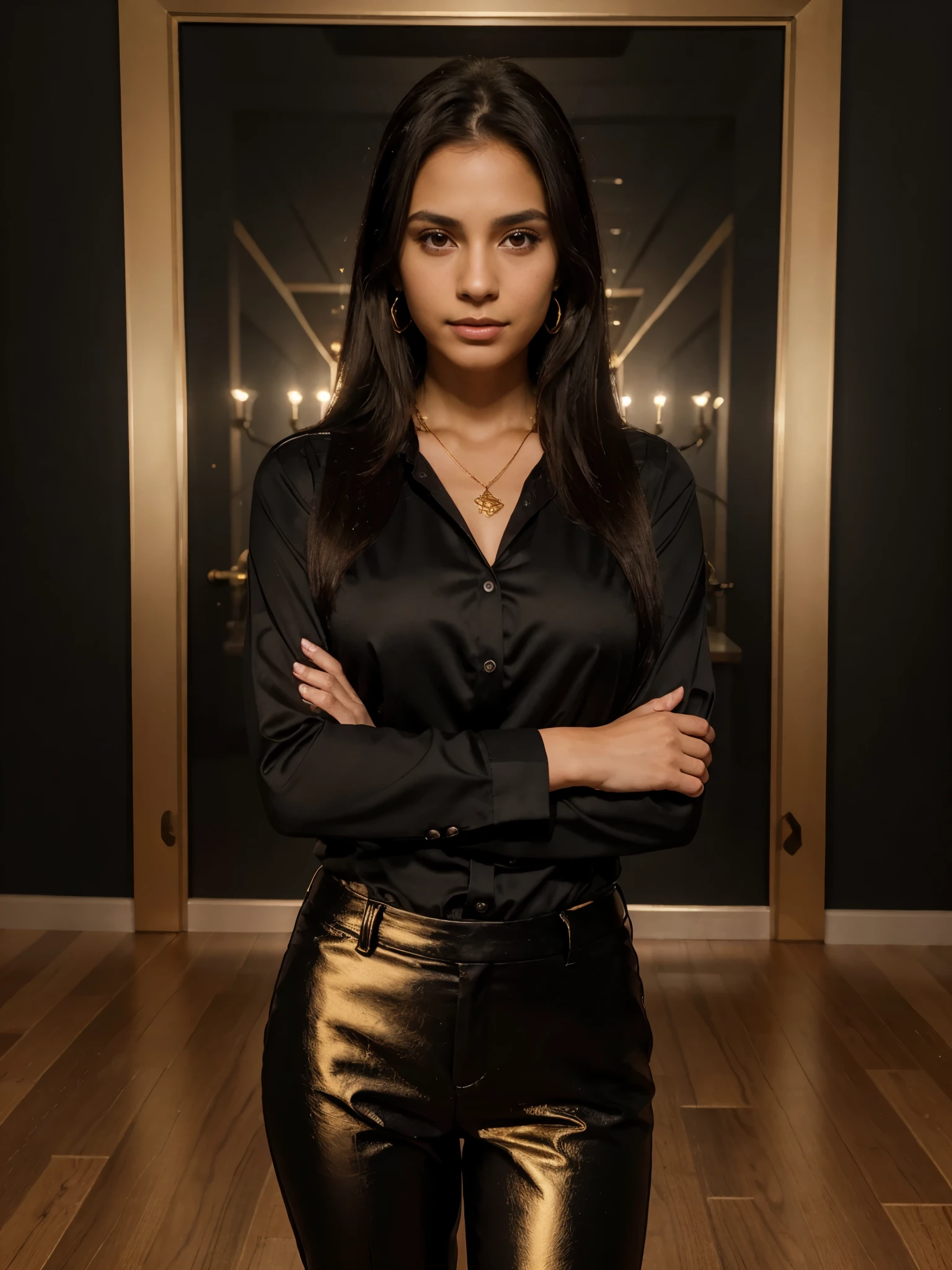8k, RAW photo, best quality, ultra high resolution, (photorealistic), very realistic, realistic photo of skinny brunette girl president, (skinny brunette girl president, 20 years old, most beautiful native american girl in the world, tanned skin, black hair, straight hair), in the president office, black and golden interior, bright light, (full body picture), standing posing for formal photo, wearing black tuxedo, (black tuxedo), (pants, blouse, ), wearing golden necklace, wearing golden earrings, looking at viewer, smirking, (extremely detailed CG unity 8k wallpaper), Sharp focus, (bright light)