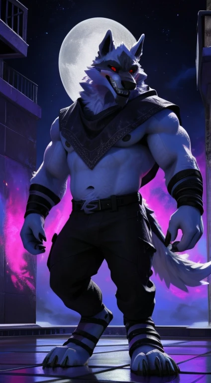 lobo de la muerte, 1 chico, solo, colored sclera, ojos rojos, mirada inexpresiva, mirada en blanco peludo, piel blanca, usando pantalones, pecho expuesto, wearing black bowler hat on head, antro, hombro ancho, envejecido, nada, 8K HD, detalle extremo, antecedentes detallados, Cueva oscura, cielo Rojo, luna grande y brillante, por Pino Daeni, (por Ruadri), por virtyalfobo