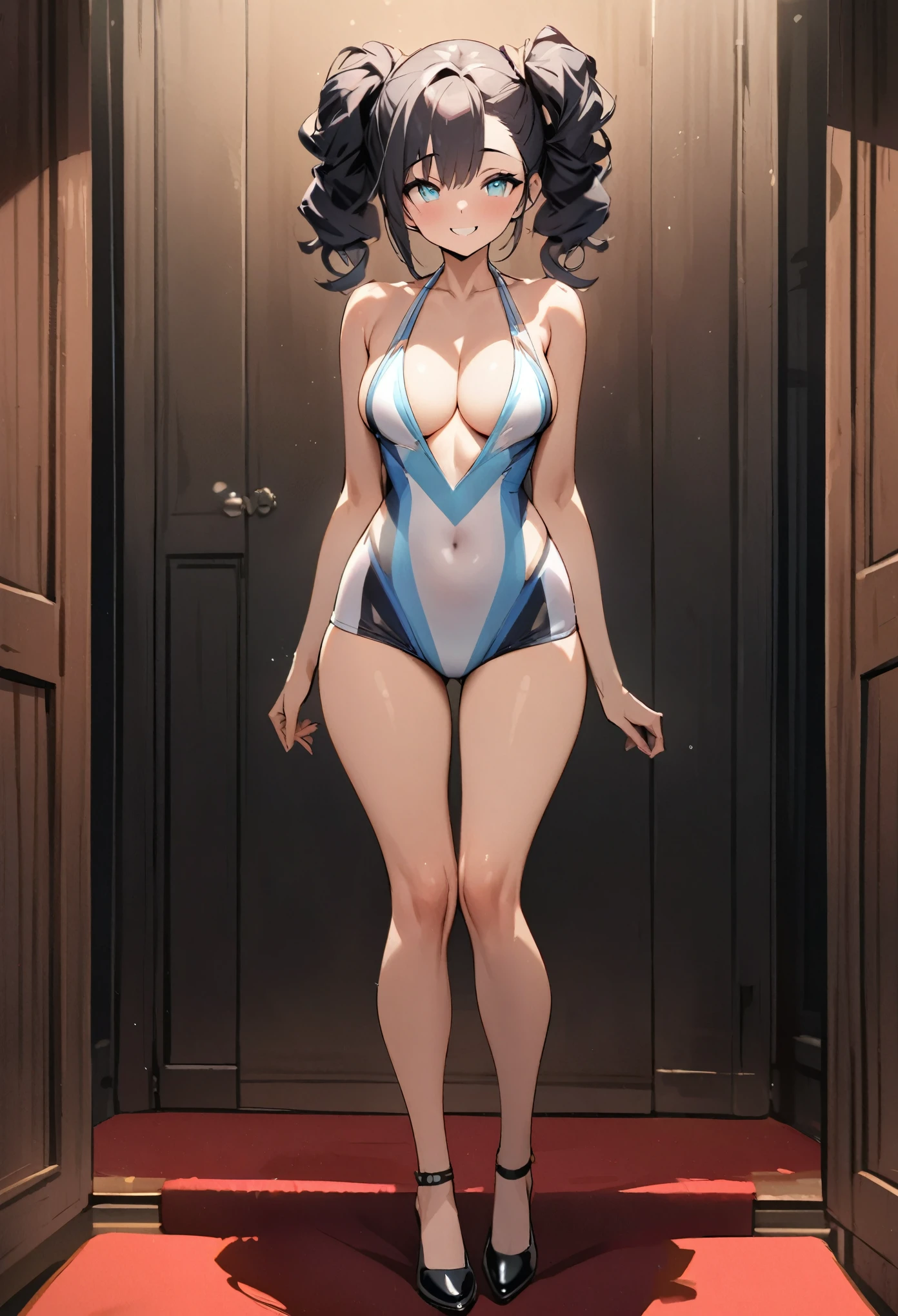 masterpiece、Mastepiece、girl、Random hairstyle、Clear eyes、Smiling at the audience、Perfect proportions、Full Body Shot、Wear a random swimsuit、The background is a private room