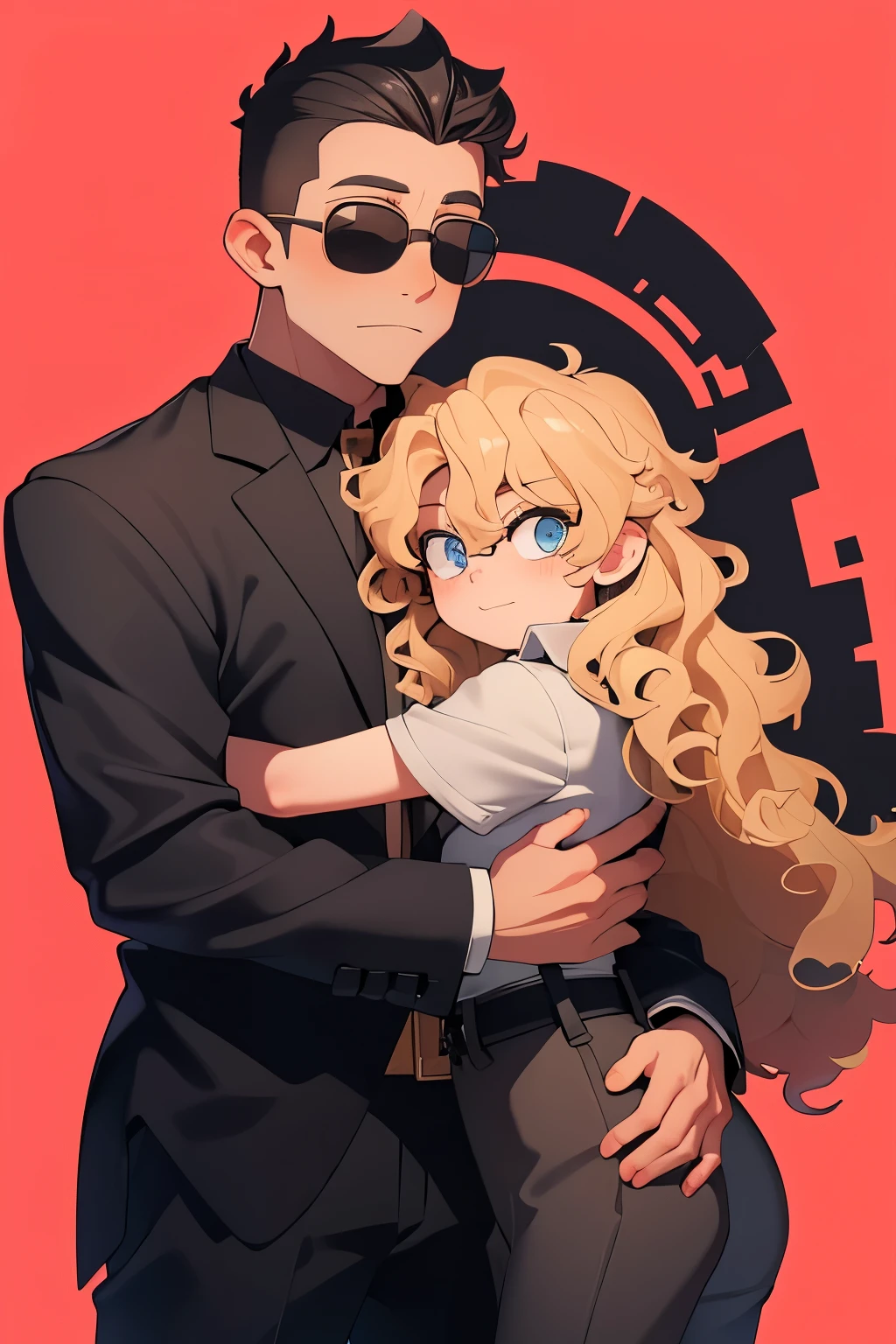 (A short blonde girl with curly long hair), (hugging), (boy with faux hawk black hair and sunglasses)