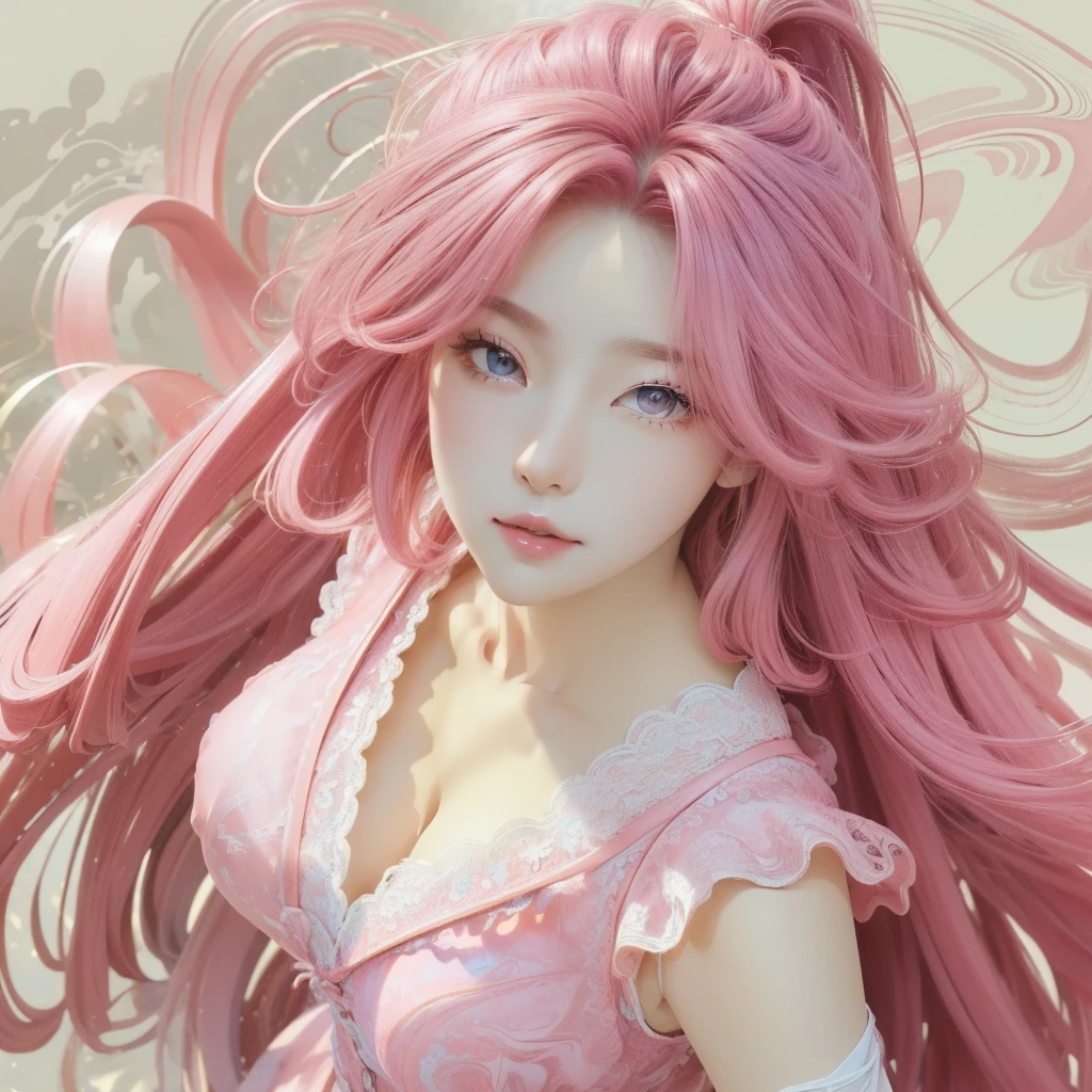 ((masterpiece:1.2, best quality)), Ultra Detailed, Ultra-precise depiction, Ultra Detailed的描绘, (Tangled:1.2), (Dynamic poses), (Abstract Background:1.5), Long wavy hair, Pink Hair, 1 Lace Girl, Pink transparent lace colorful, portrait, (from above:1.2)