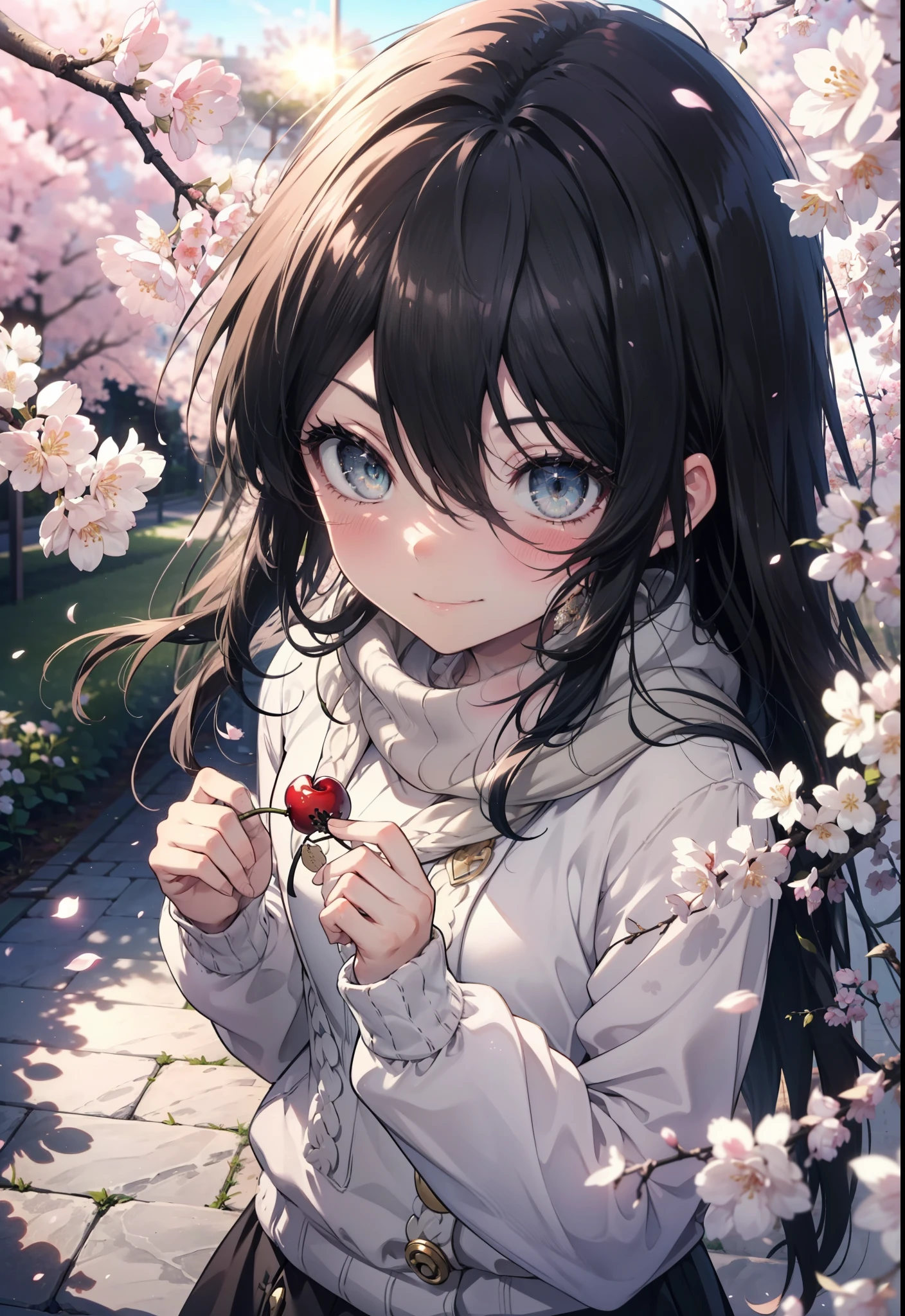 Shana,灼眼のShana,Long Hair,Black Hair, (black eye:1.5) Small breasts,smile,blush,White Sweater,Long skirt,Black pantyhose,Mini Boots,Cherry blossom tree-lined path,Cherry blossoms are blooming,Cherry blossoms are scattered,morning,morning陽,The sun is rising,Looking down from above,
break looking at viewer, (Cowboy Shot:1. 5)
break outdoors, garden,
break (masterpiece:1.2), highest quality, High resolution, unity 8k wallpaper, (figure:0.8), (Detailed and beautiful eyes:1.6), Highly detailed face, Perfect lighting, Extremely detailed CG, (Perfect hands, Perfect Anatomy),