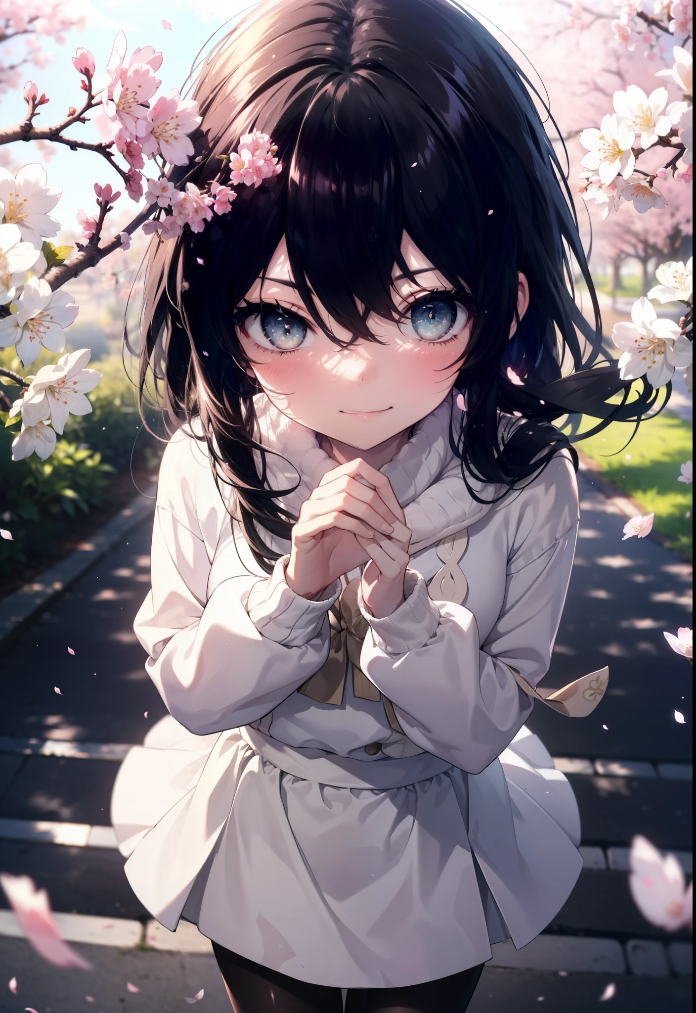 Shana,灼眼のShana,Long Hair,Black Hair, (black eye:1.5) Small breasts,smile,blush,White Sweater,Long skirt,Black pantyhose,Mini Boots,Cherry blossom tree-lined path,Cherry blossoms are blooming,Cherry blossoms are scattered,morning,morning陽,The sun is rising,Looking down from above,
break looking at viewer, (Cowboy Shot:1. 5)
break outdoors, garden,
break (masterpiece:1.2), highest quality, High resolution, unity 8k wallpaper, (figure:0.8), (Detailed and beautiful eyes:1.6), Highly detailed face, Perfect lighting, Extremely detailed CG, (Perfect hands, Perfect Anatomy),