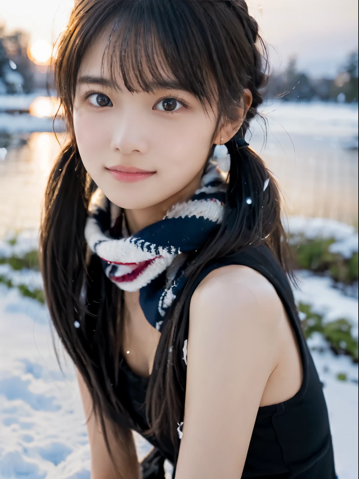 (She has a slim figure, small breasts and long hair in twin tails.、Close-up portrait of a girl wearing a scarf :1.5)、(One girl with little smile and hair fluttering in the wind :1.3)、(Beautiful snowy sunset sky:1.5)、(Perfect Anatomy:1.3)、(Completely naked:1.3)、(Full Finger:1.3)、Realistic、photograph、Tabletop、highest quality、High resolution, Delicate and beautiful、Perfect Face、Beautiful fine details、Fair skin、Real human skin、pores、((Thin legs))、(Black Hair)