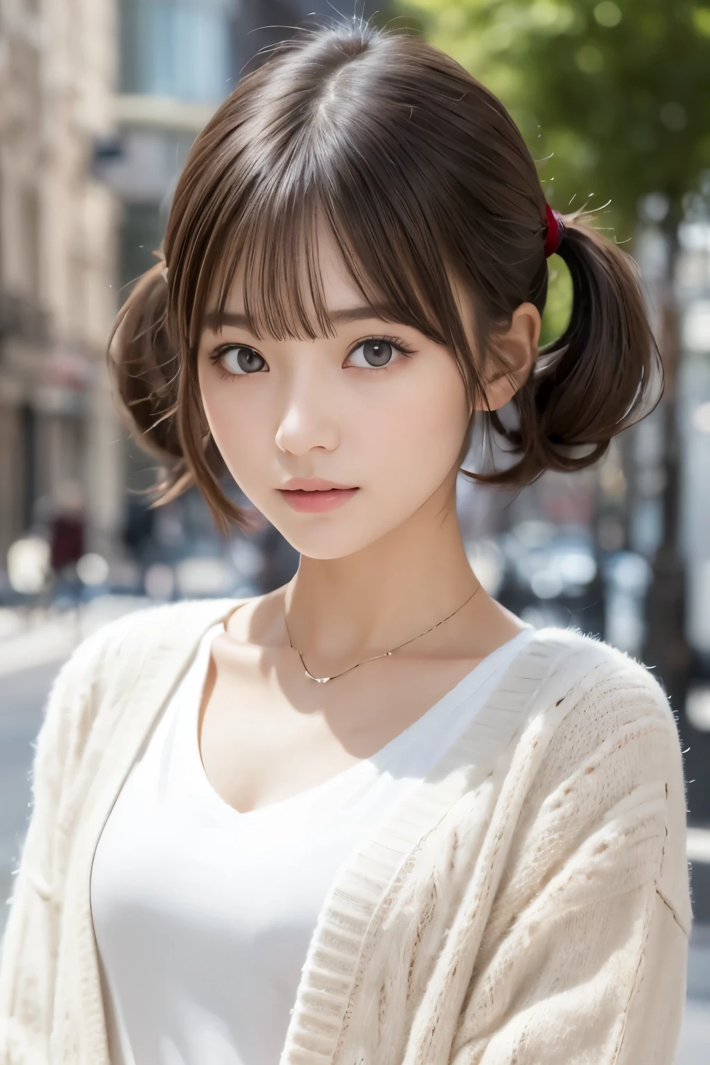 One Girl, (Beautiful girl, Delicate girl:1.3), (20-year-old:1.3),  (White blouse:1.3), (Cream colored cardigan:1.3), Very fine grain definition, (Symmetrical eyes:1.3), (Street Snap:1.3), perfectly trimmed fingers, Slightly larger breasts, Brown eyes, Parted bangs, Brown Hair, (short hair, Twin tails:1.3), (Eyes and facial details:1.0), (masterpiece, highest quality, Super detailed, Detailed face, 8k)