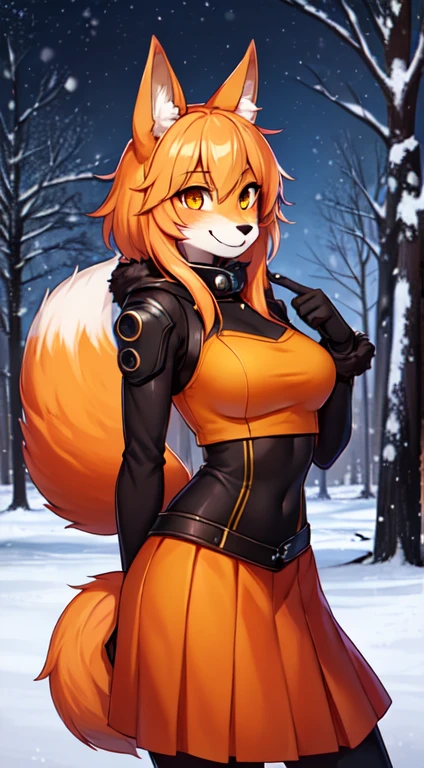 Alice, solo, 1 girl, animal ears, fox face, detailed muzzle, In detail, detailed eyes, Beautiful muzzle, color: red, orange, female focus, 1 fox tail, red tail of the best quality, exteriors, fur collar, orange skirt with fur trim, Joyful face, detailed background, black gloves, cyber punk armor, female suit mech, power armor, Technological, modern clothes, cyber punk clothes, Mechanical clothing, fluffy, orange clothing with fur trim, orange sleeves with fur trim, orange fur coat with fur trim, Best quality fox ears., 1 girl, solo, focus photo, blush, I look at the viewer, winter, night, nightfall, snowfall, snowflakes, detailed yellow eyes, Detailed beautiful yellow eyes, In detailе лицо, detailed hands and fingers, High-quality hands and fingers, Ideal body anatomy, Perfect posture, Ideal hand anatomy, Perfect finger anatomy, thin waist, winter boots, long skirt, Best quality, In detail ,high resolution illustration, Cute, sly smile, blush, Vulgar girl, Thin, soft, beautiful and detailed portrait, 8K, HDR, Excellent quality, very detailed, Detailed fur, ((correct tail position)), beautiful girl, In a snow-covered dark forest, among the trees, Winter forest landscape, eye for detail, cinema lighting, cyberpunk building on background.