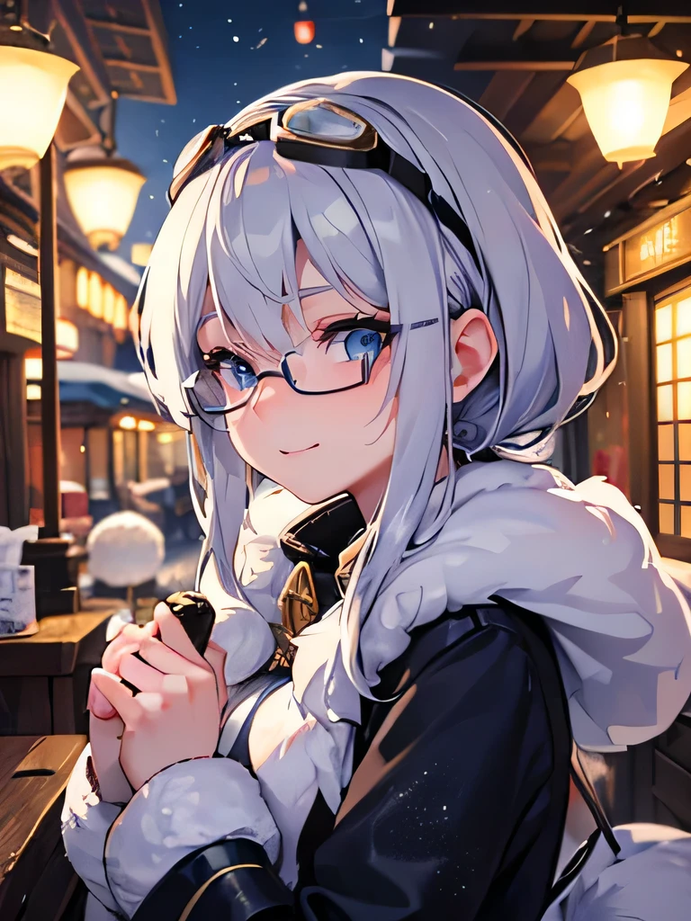 ((Very detailed)), 4K, ((Cinema Lighting)), close, Fantasy World, Cobblestone city, wooden stone house, snow, market, Market stalls, Adult female, dirty, guard,White-silver hair color,Wear goggles with large round lenses on your head, blue eyes, ((Beautiful Eyes)), Happy expression, Holding a cannon,white fluffy fur