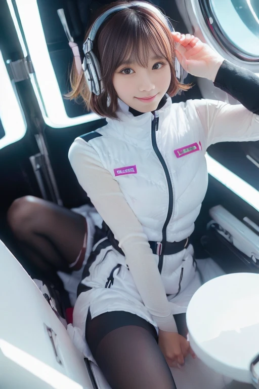 ((NSFW: 1.4)), (acrobatic pose):10,((Detailed face, Professional photography)), ((NSFW, zettai ryouiki, 1 girl)), Ultra-high resolution, (Realistic: 1.4), RAW Photos, highest quality, (PhotoRealistic Stick), concentrated, Soft Light, ((30 years old)), ((Japanese)), (( (Young Face))), (surface), (Depth of written boundary), masterpiece, (Realistic),(inside ISS):3, woman, ,astrovest:2,headphone:2,smartwatch,,bangs, ((1 girl)),(black sleeves):2,(black tights):2,inside spacestation,inside spacecraft,,zero gravity,smile,open leg,blush:1.5,hidden hands,neotech