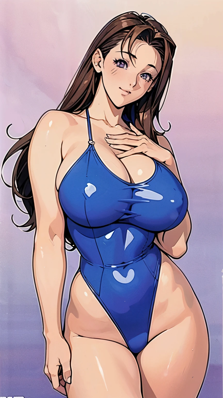 1990s anime cels style, 1990s manga style, best quality, high resolution, 1girl, blue competition swimsuit, (gigantic breasts:1.4), Beautiful face, happy, smile, closed mouth, mamako_oosuki, mature female, long hair, brown hair, purple eyes, bright pupils, curvy body, standing_split,